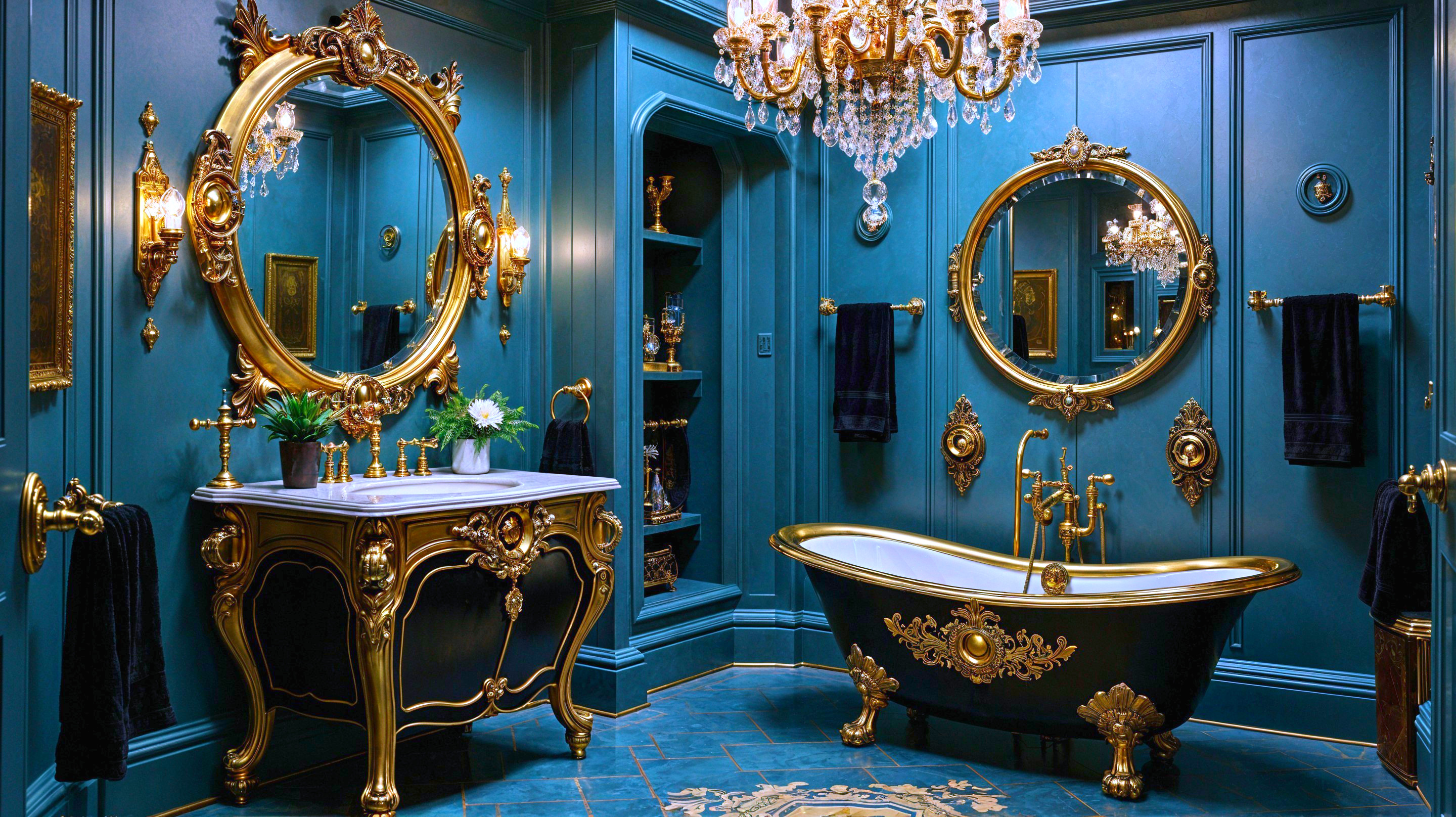 Luxurious Bathroom with Black Bathtub and Gold Accents