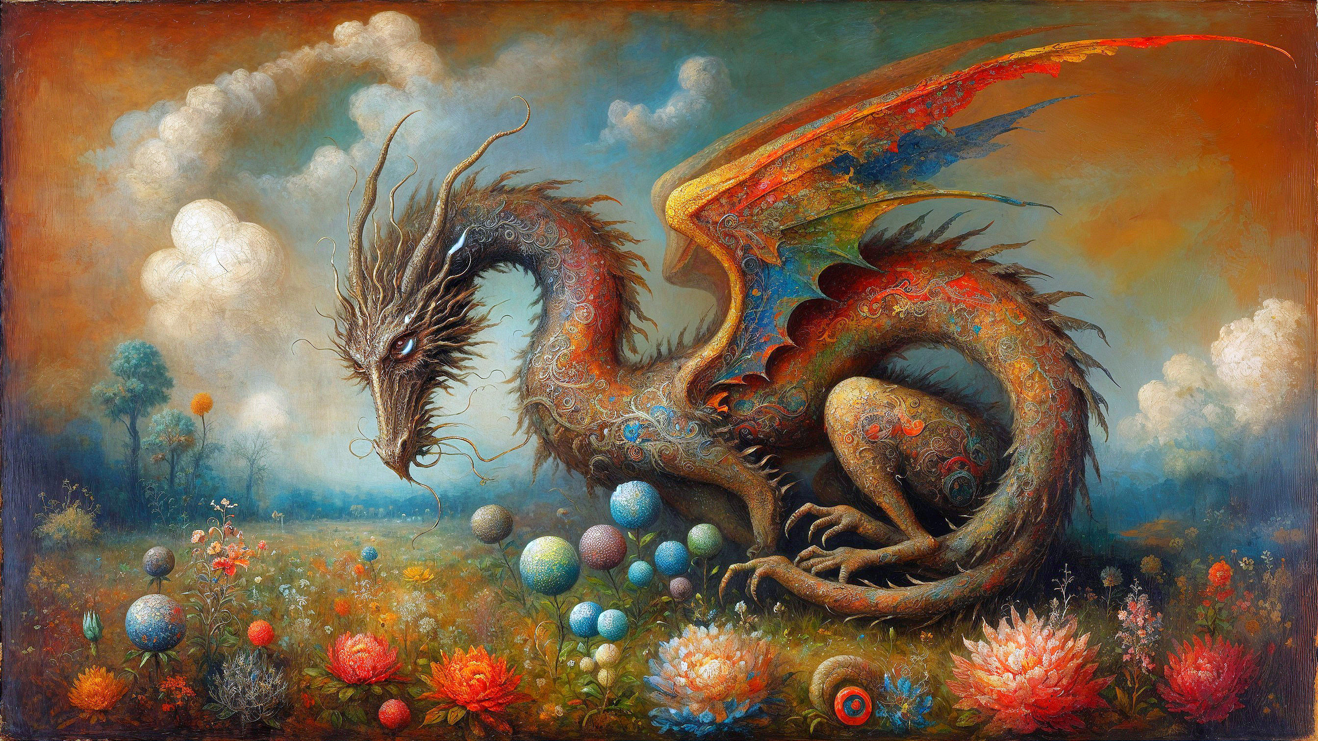 Majestic dragon in vibrant landscape with colorful details