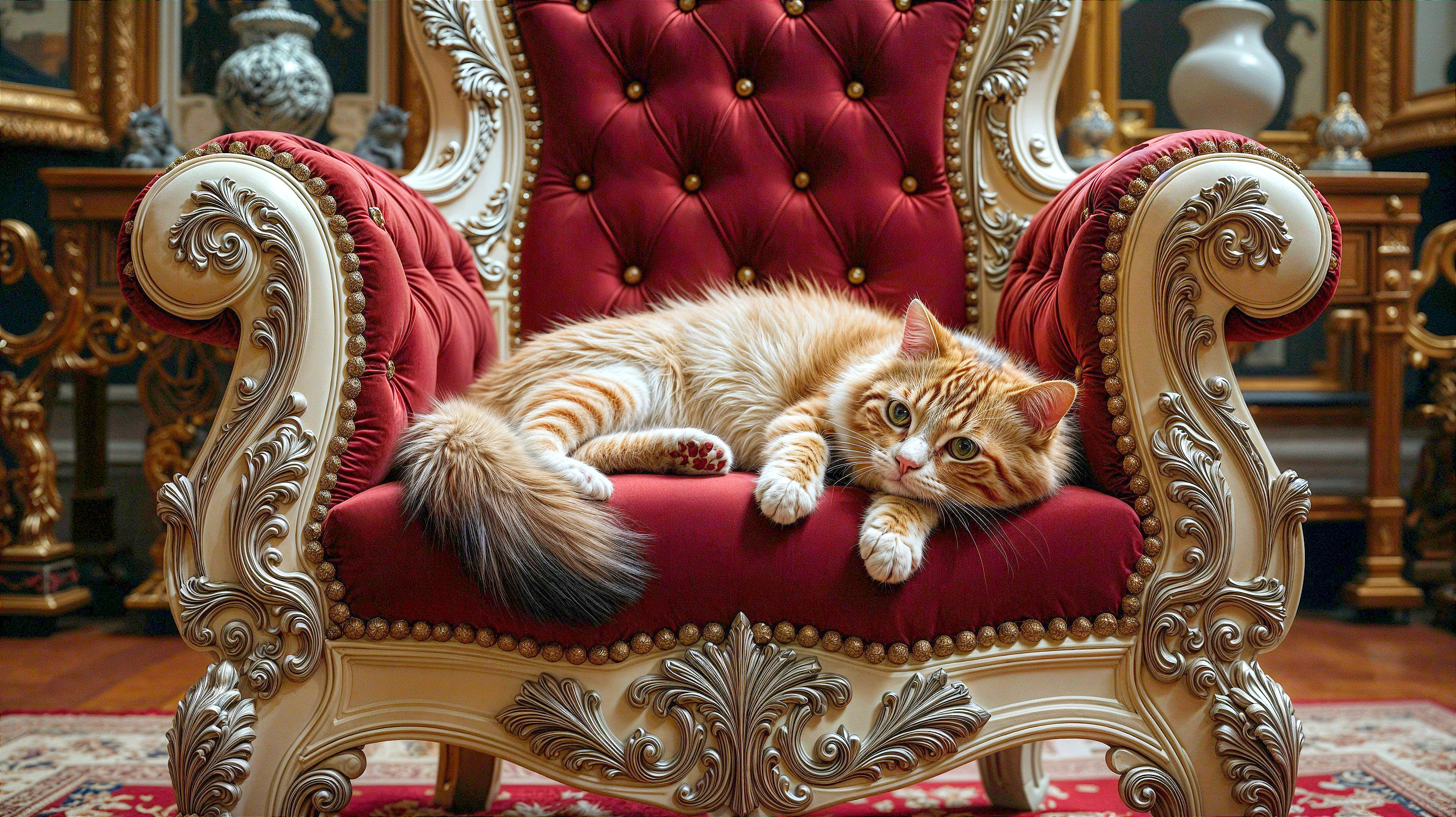 Ginger Cat on Ornate Red and Gold Armchair