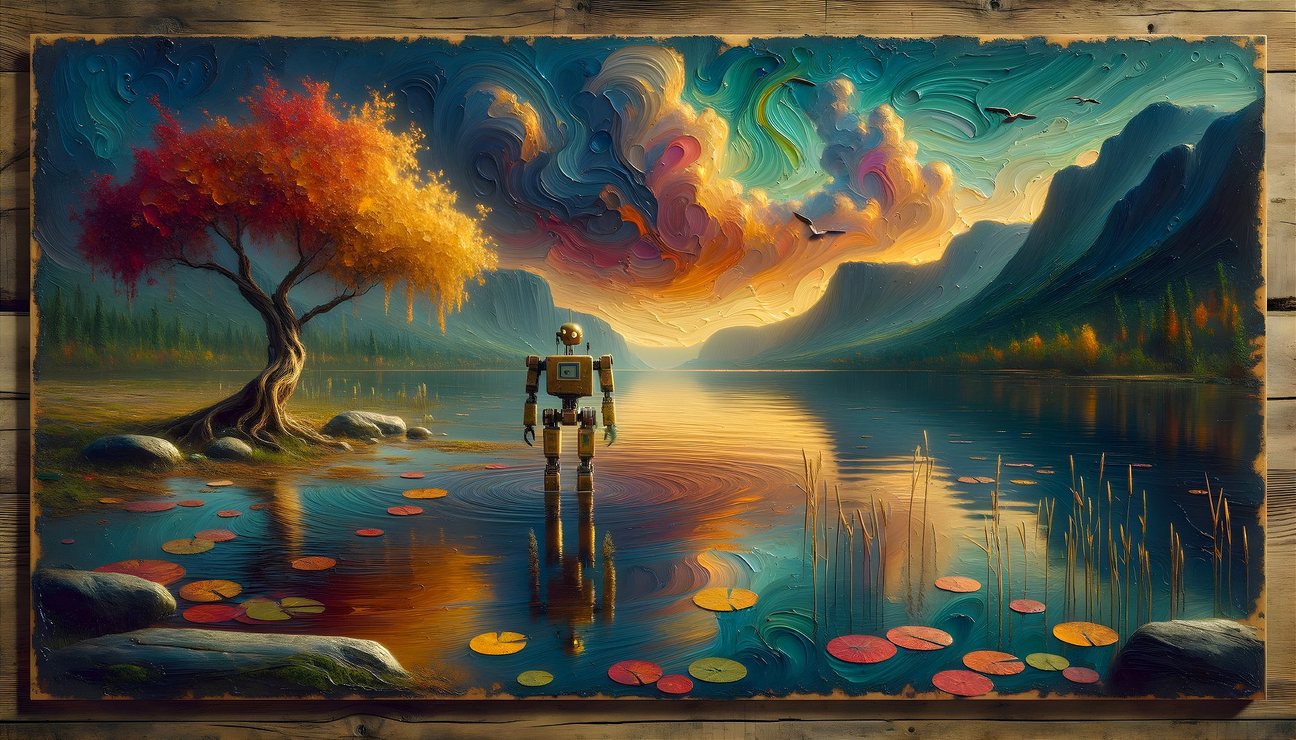 Robot by Serene Lake in Autumn Landscape