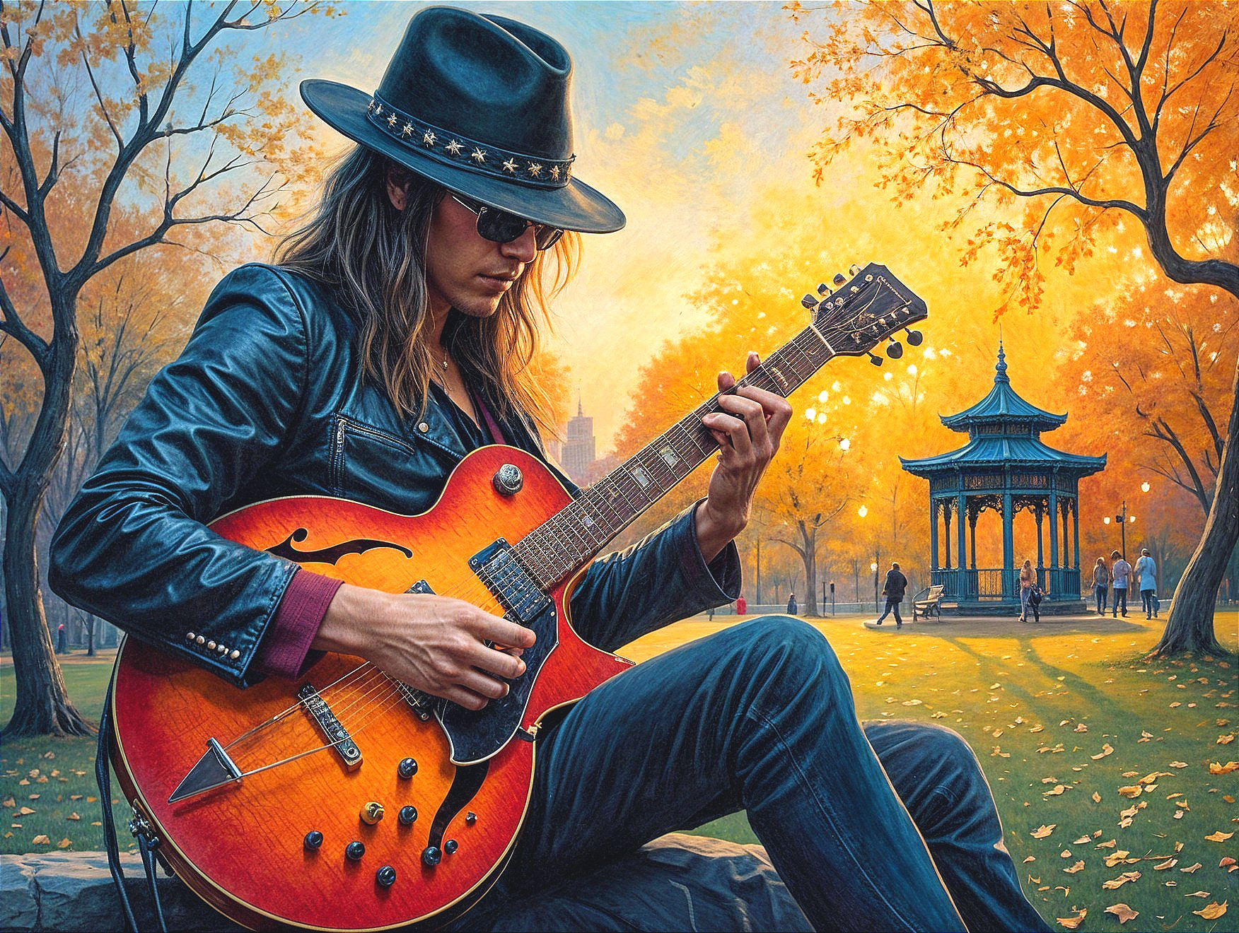 Musician Playing Electric Guitar in Autumn Park Setting