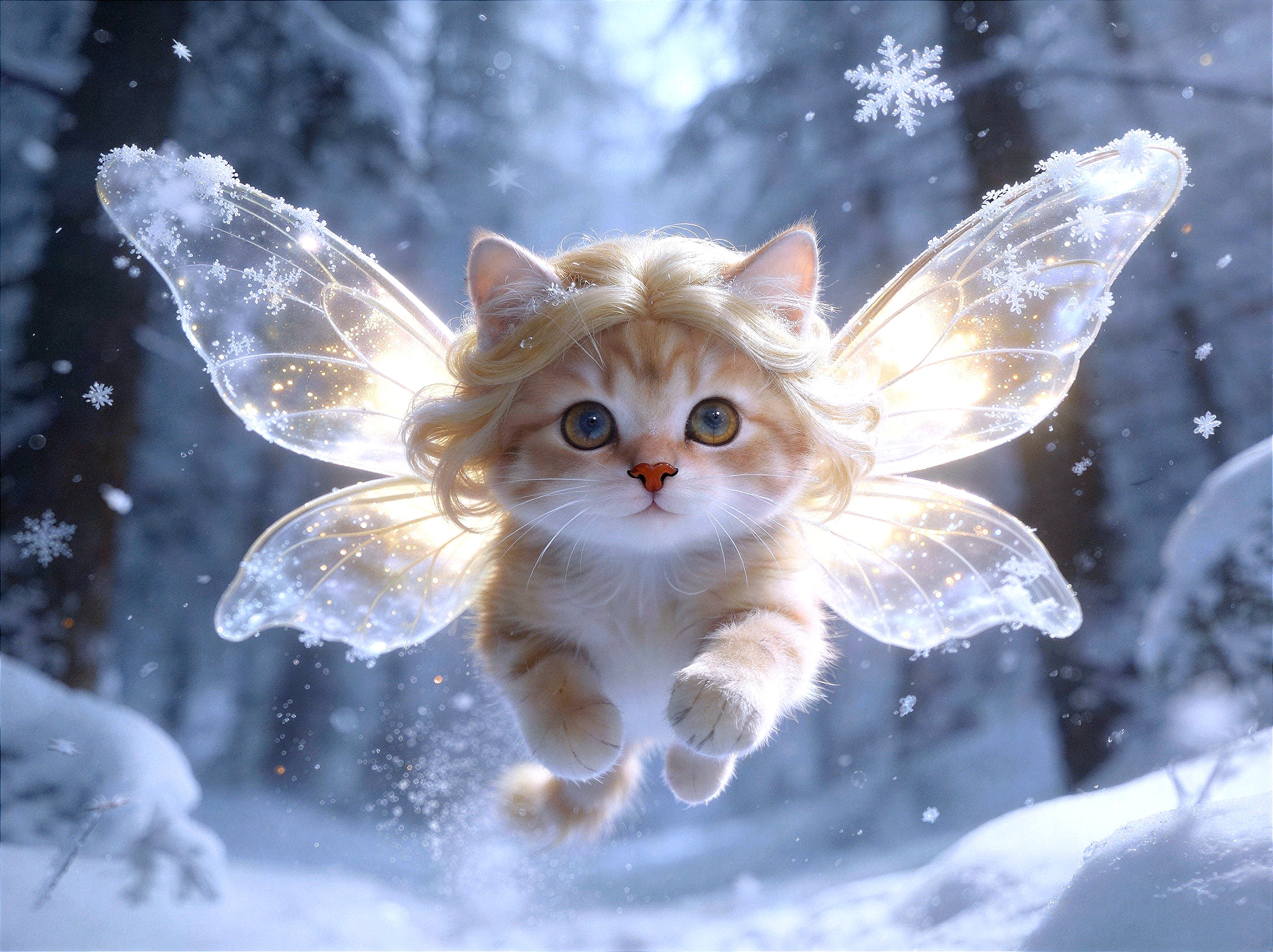 Orange and white kitten with fairy wings in snow