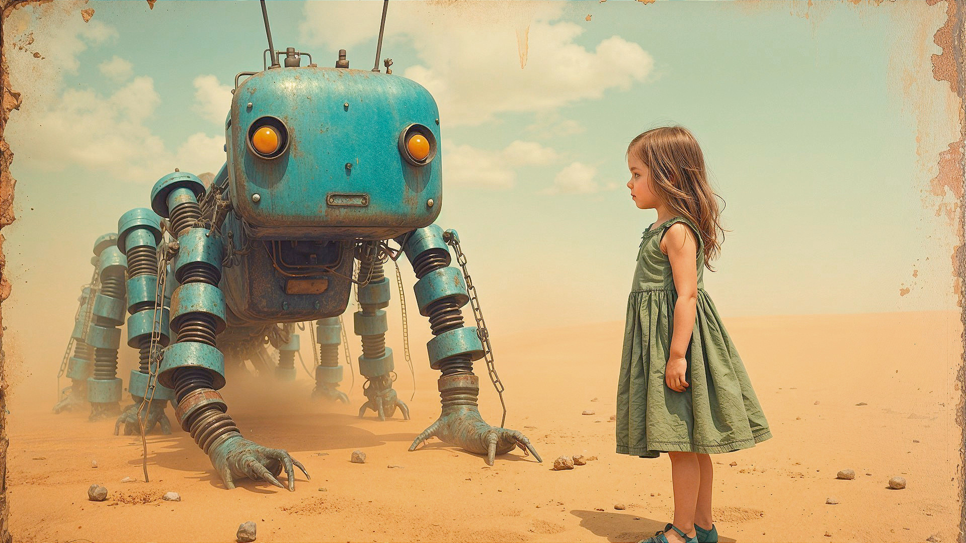 Curious Girl Meets Whimsical Blue Robot in Sandy Landscape