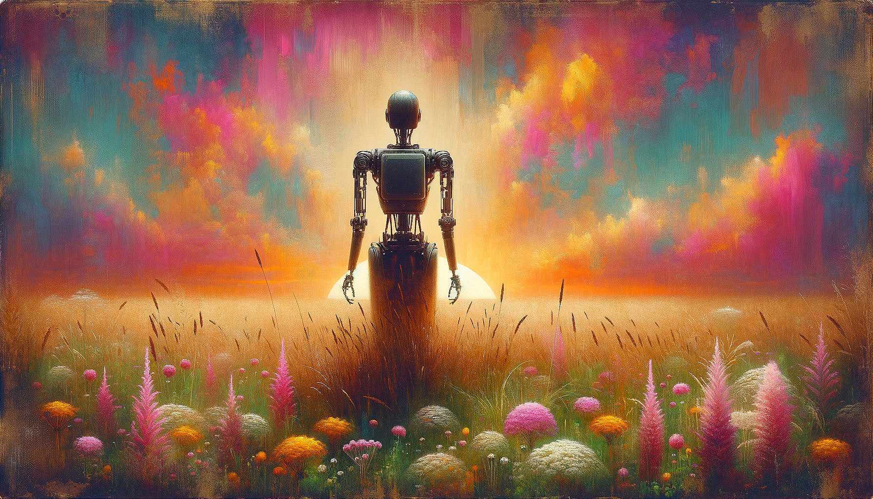 Humanoid Robot in Vibrant Flower Field at Sunset