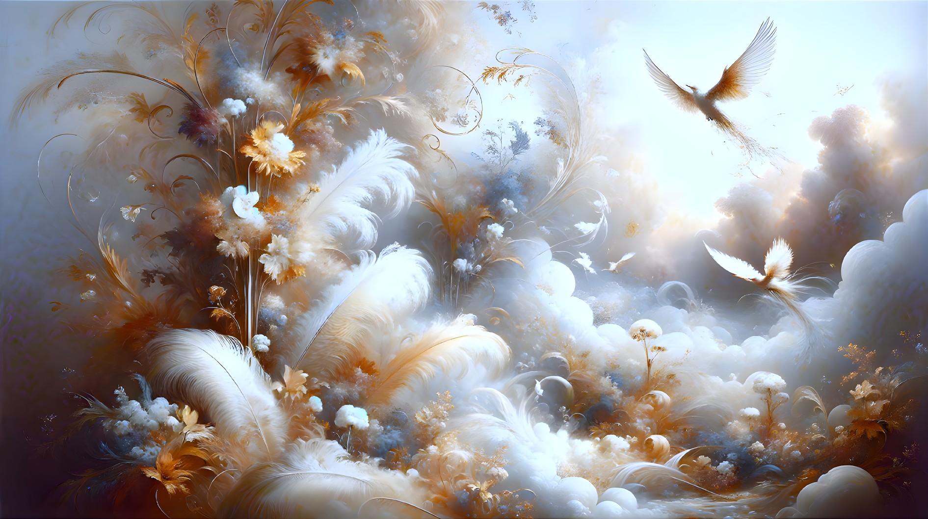 Dreamlike Scene of Clouds, Feathers, and Flowers