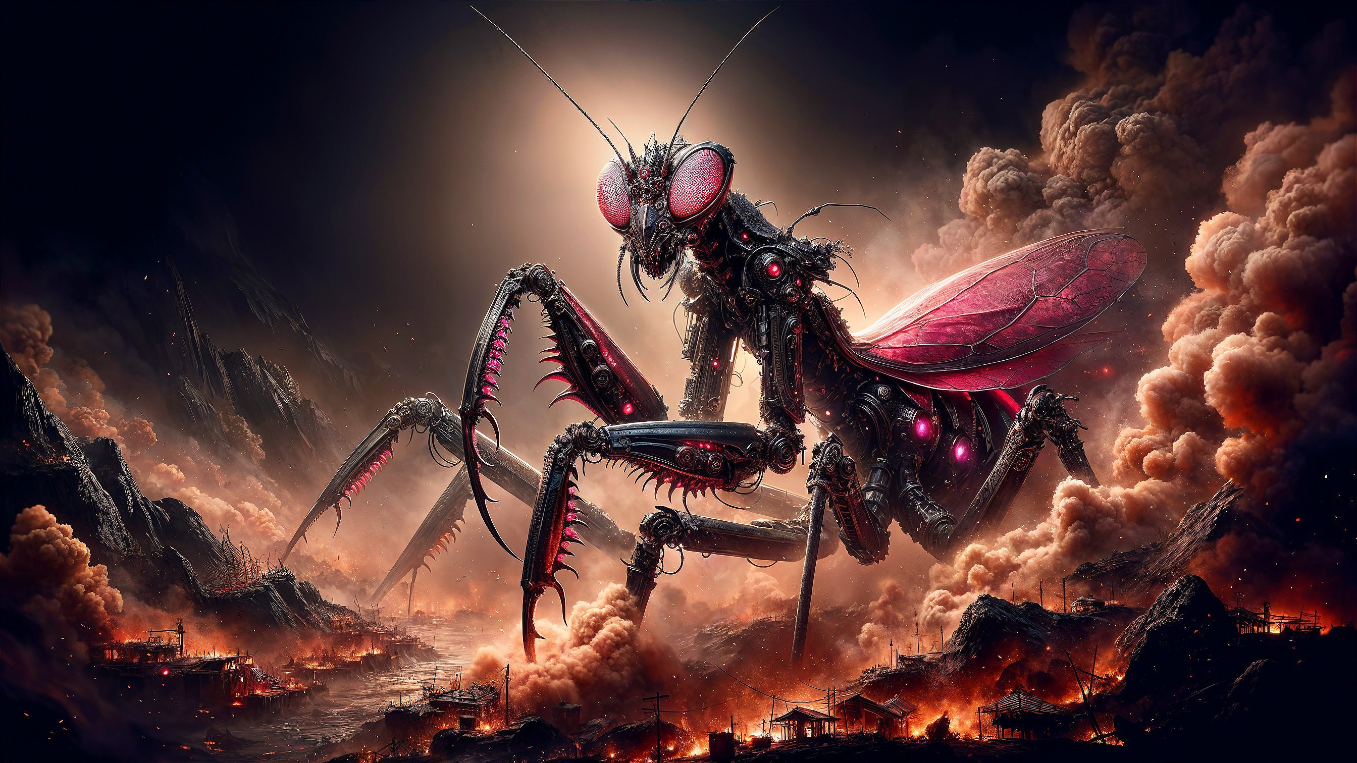 Colossal Robotic Mantis in Devastated Landscape