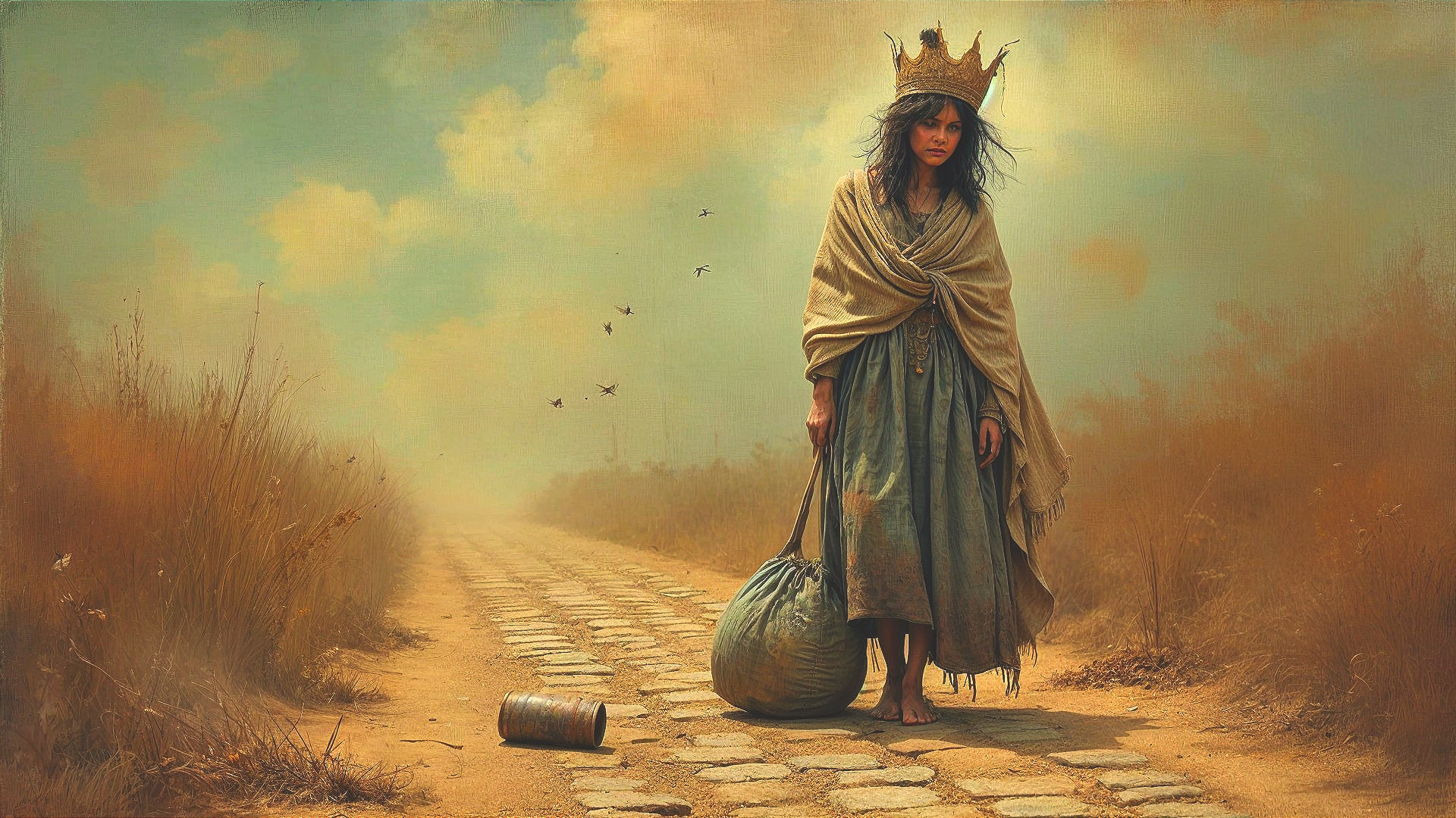 Forlorn Woman on Desolate Cobblestone Road