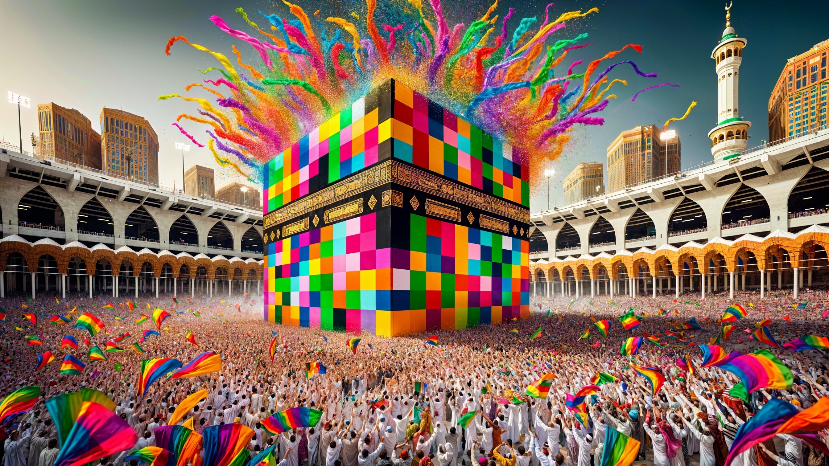 Vibrant Kaaba Scene with Colorful Patterns and Crowd