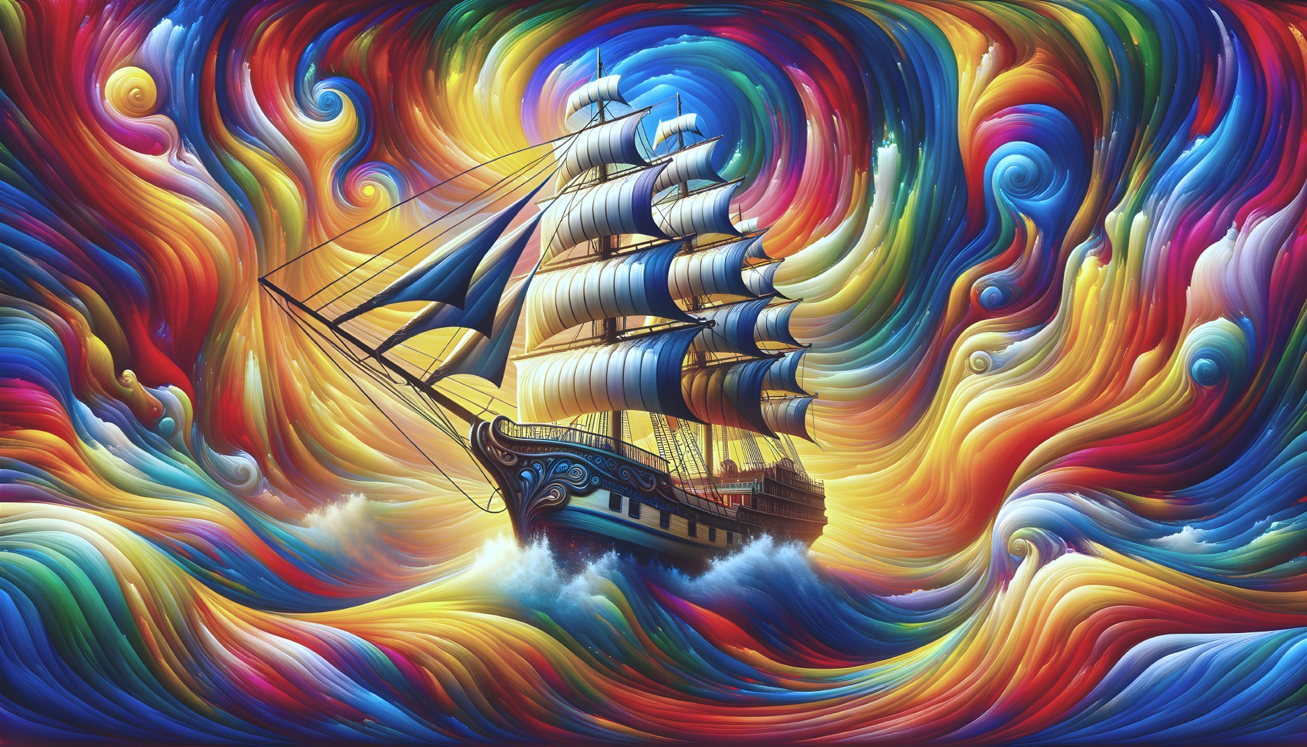 Vibrant Artwork of Ship on Colorful Dreamlike Waves