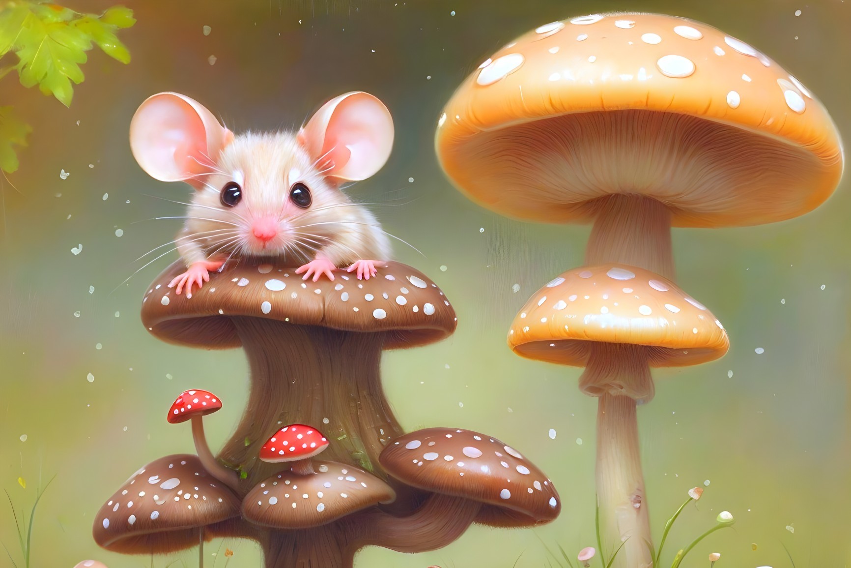 Whimsical illustration: Cute mouse on mushroom in glowing forest