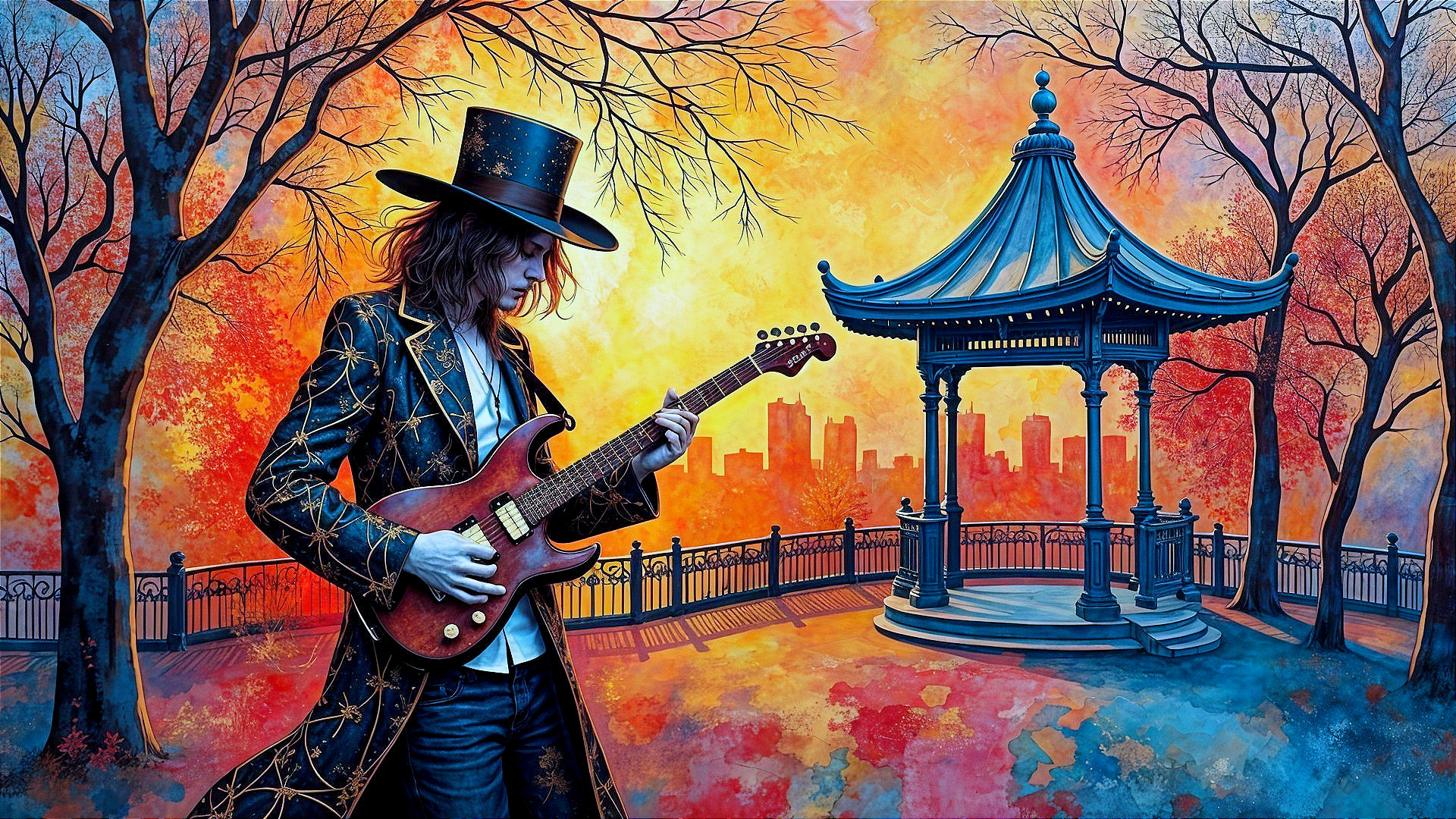 Surreal Landscape with Musician and Sunset Backdrop