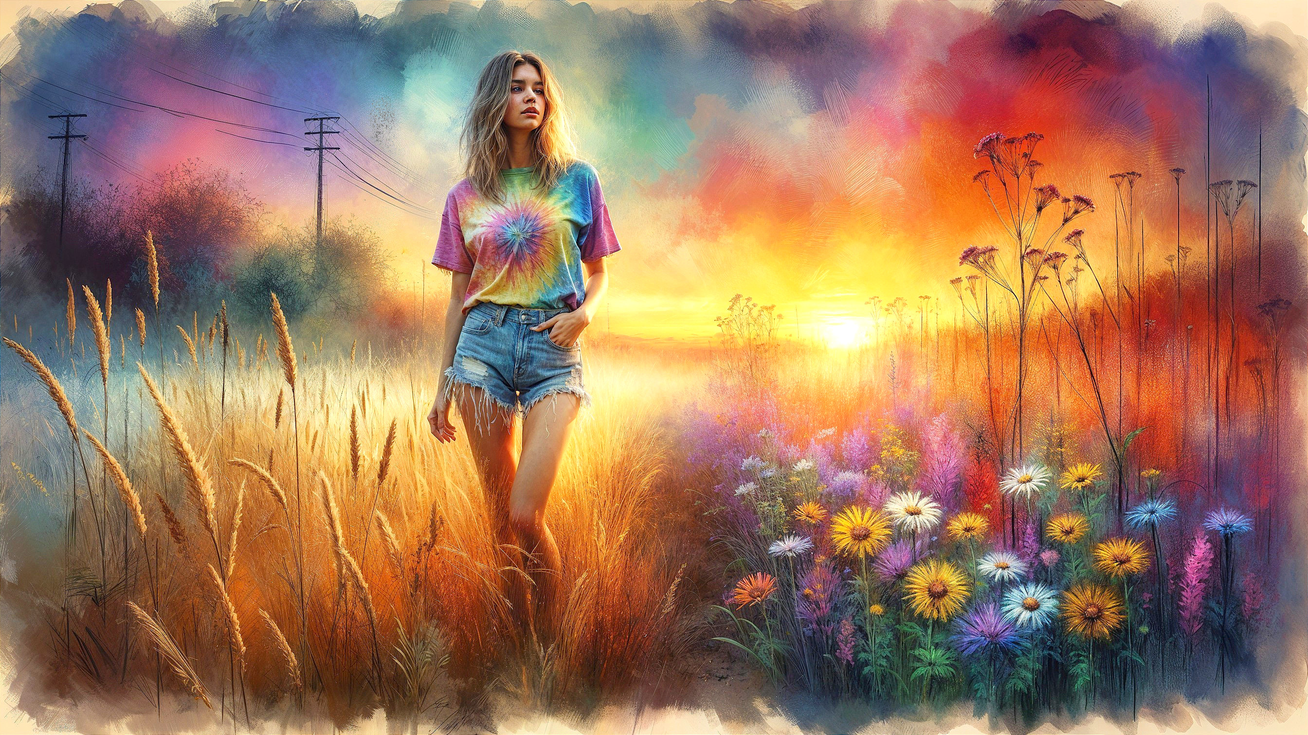 Young woman in tie-dye shirt in vibrant sunset landscape