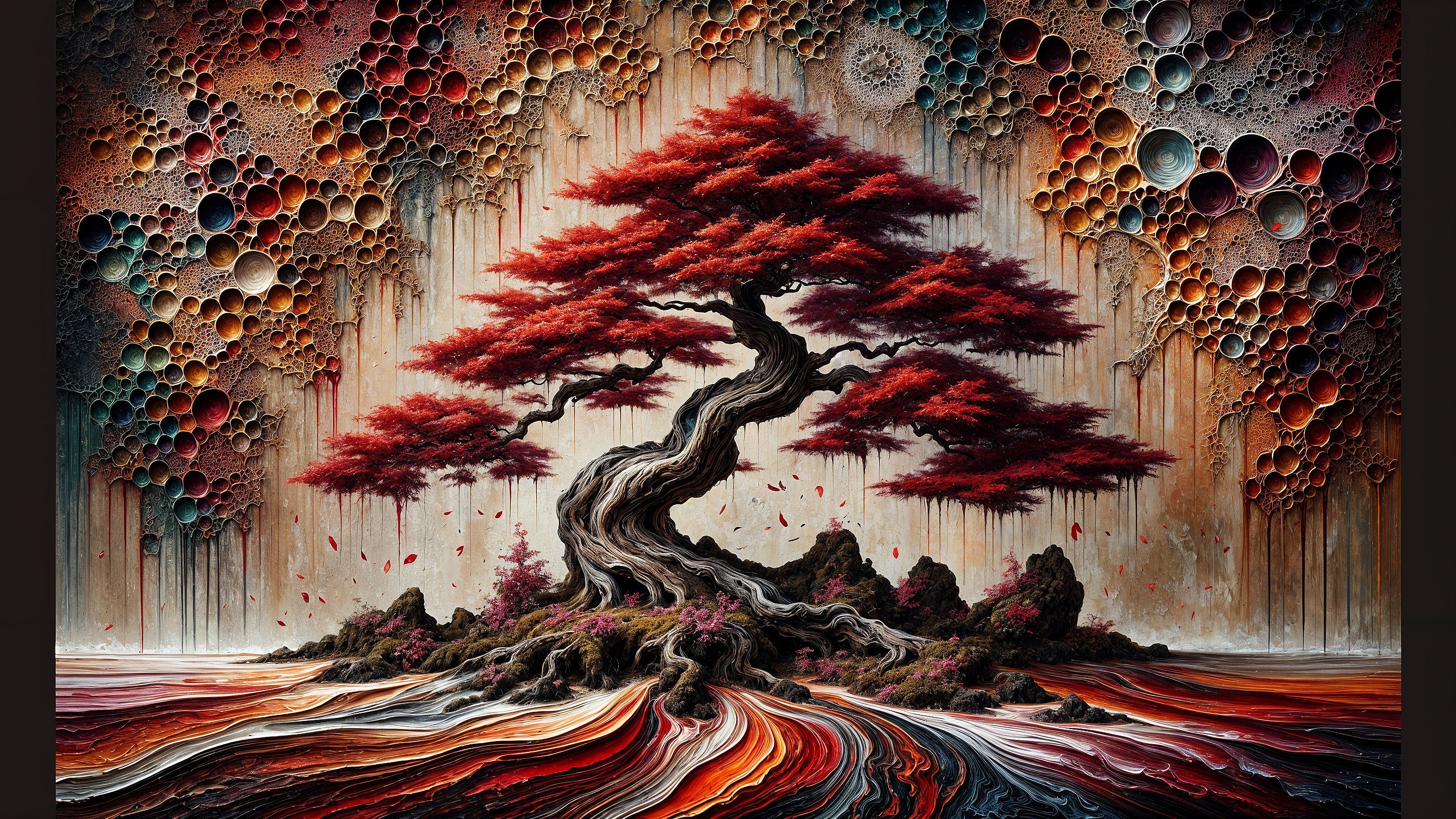 Majestic tree with red leaves and warm colors backdrop