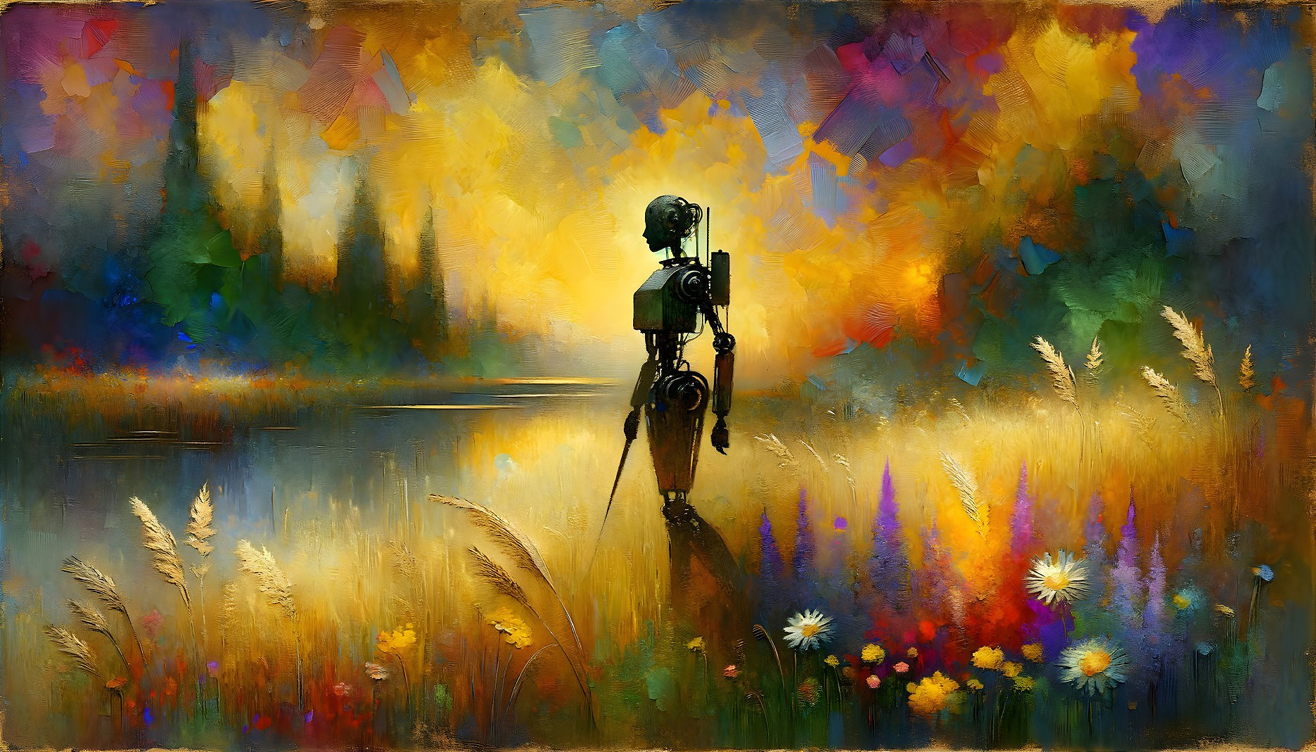 Humanoid Robot by a Serene Lake in Vibrant Landscape