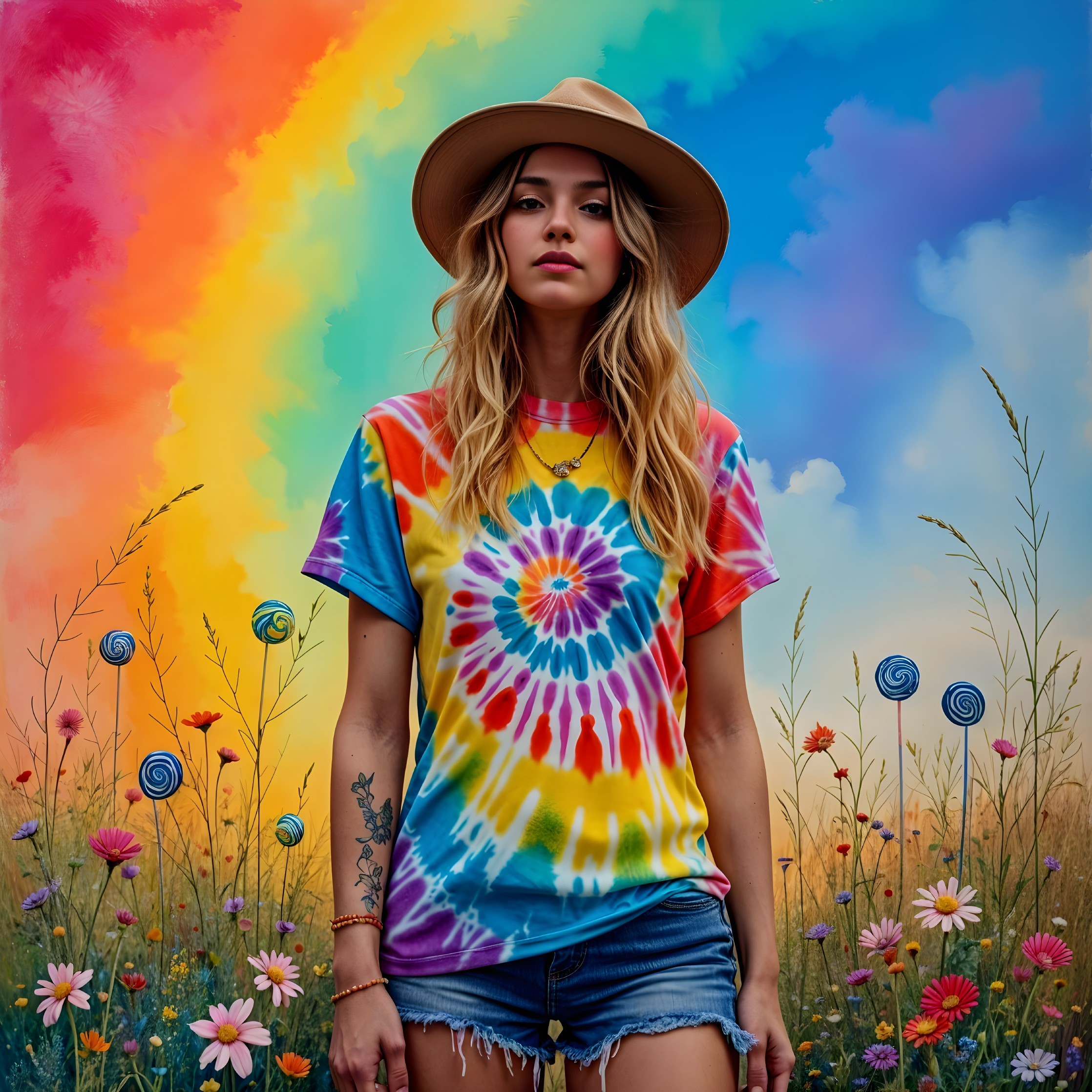 Young woman in colorful attire against vibrant backdrop