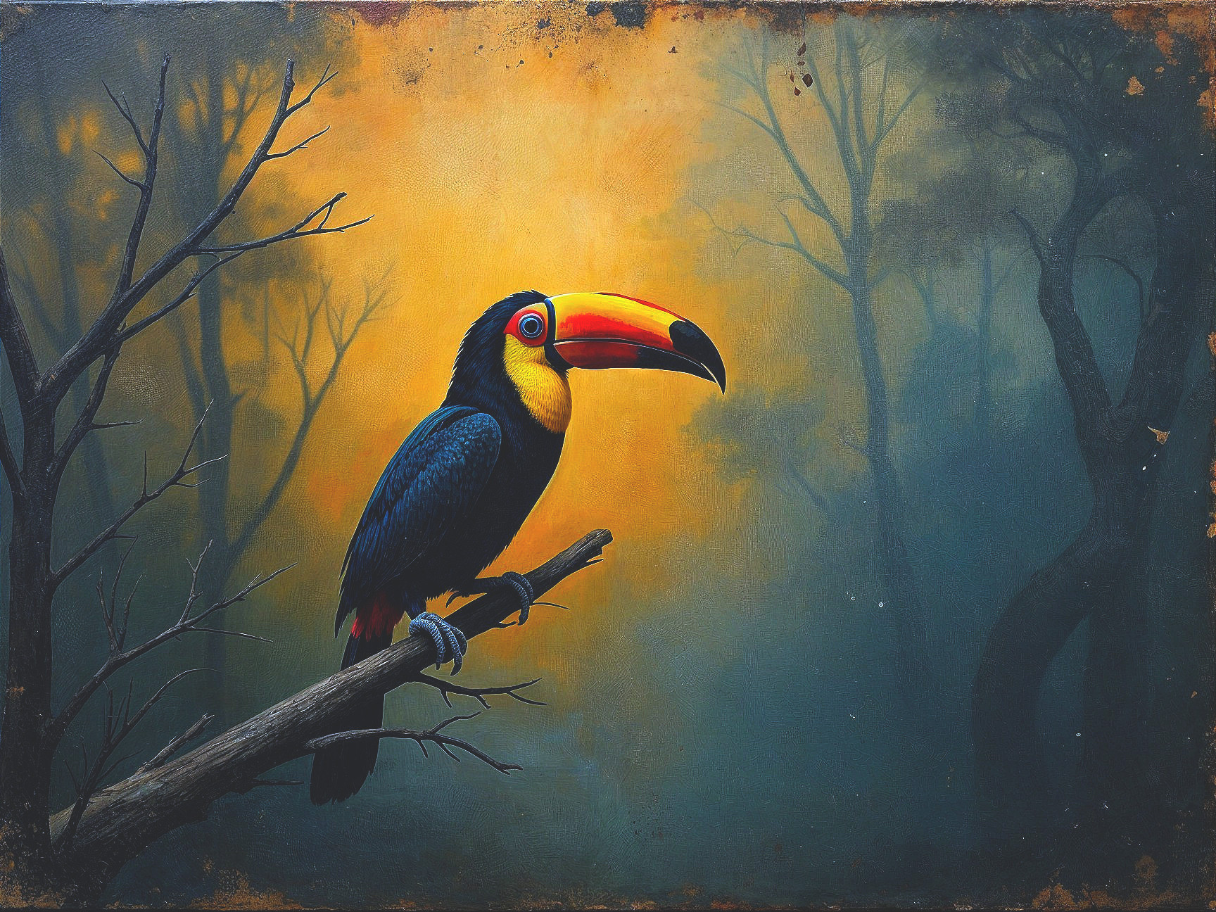 Toucan on Branch in Misty Forest with Ethereal Light