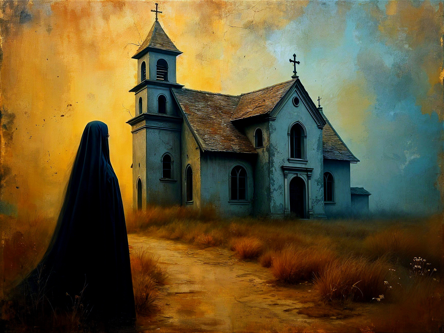 Solitary Figure at Abandoned Church with Eerie Atmosphere