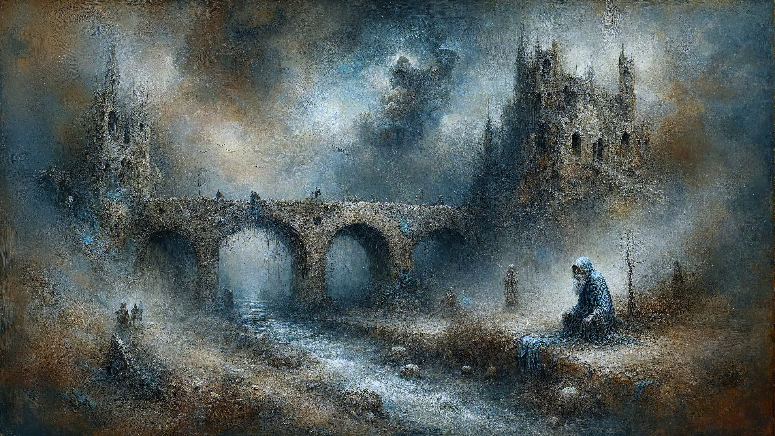 Desolate landscape with stone bridge and castle ruins