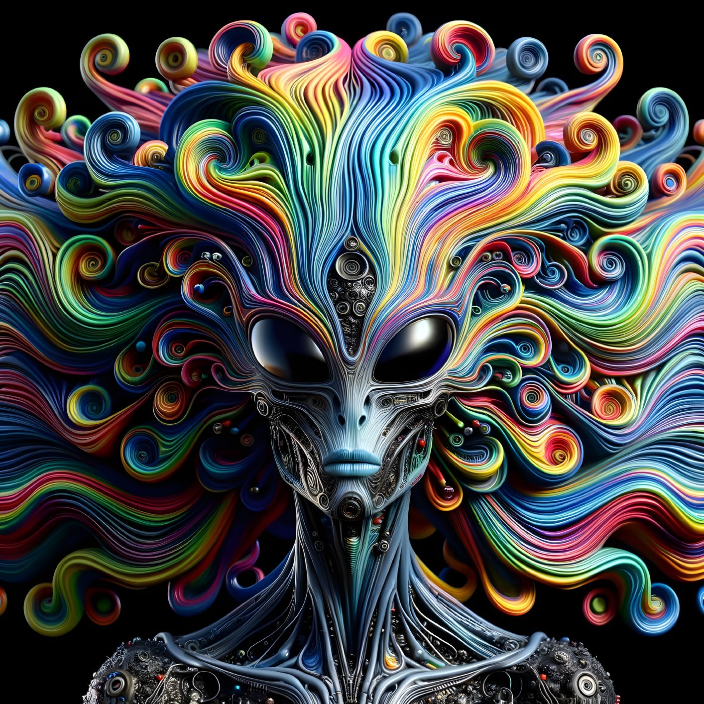 Digital Artwork of Alien Figure with Colorful Patterns