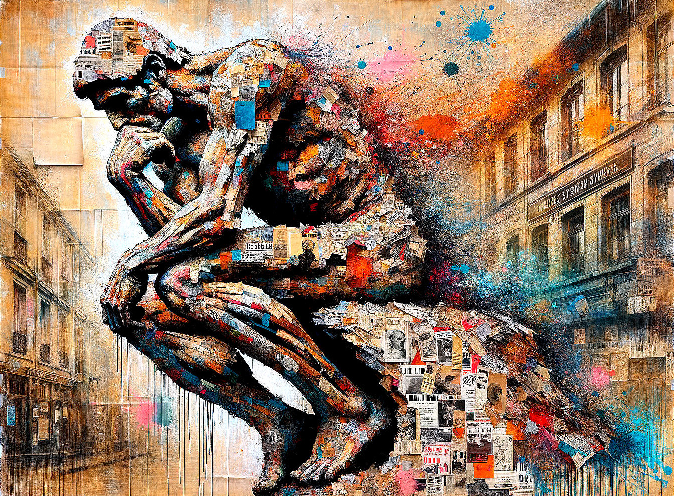 Contemplative Figure in Mixed Media with Urban Backdrop