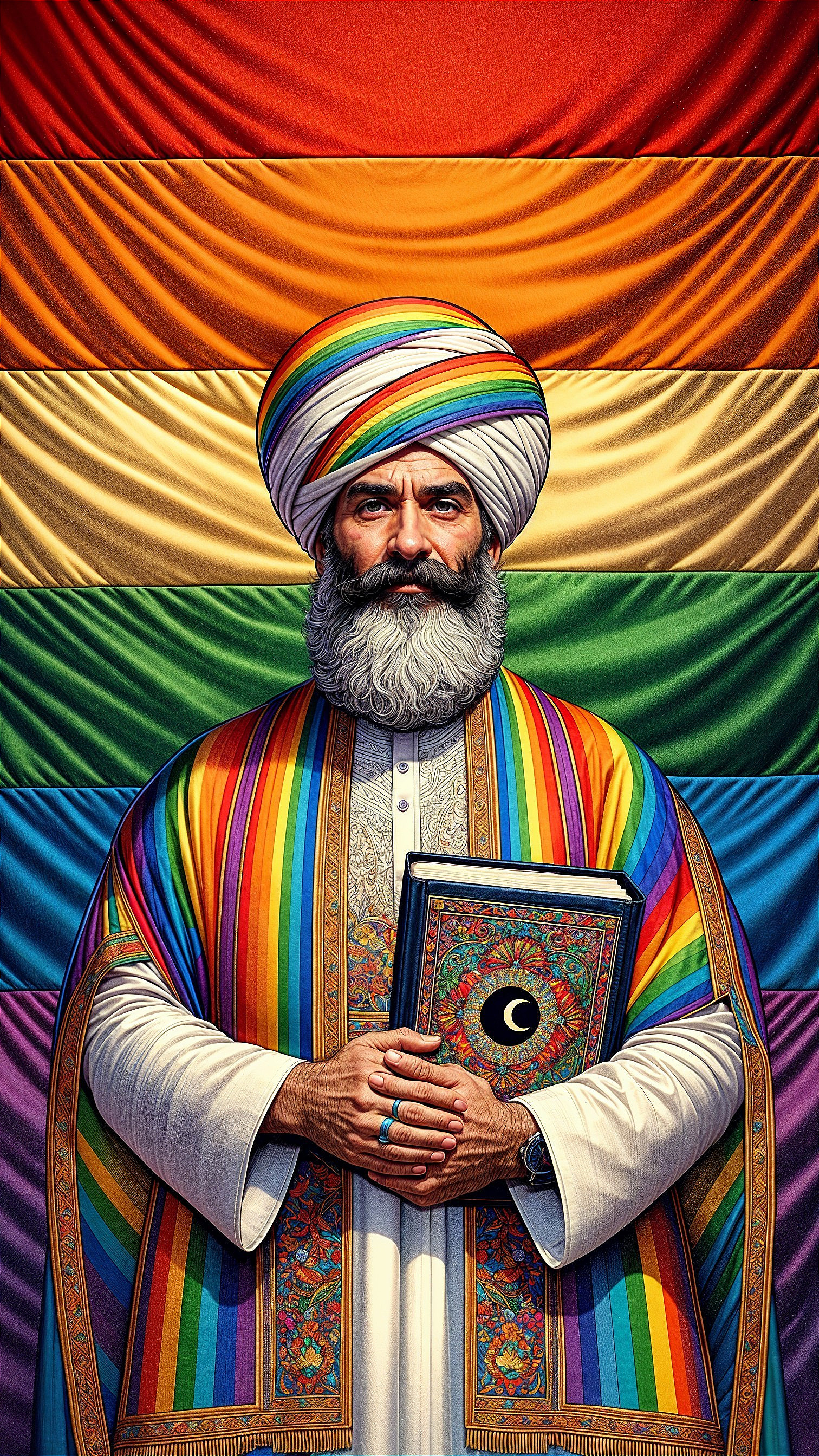 Dignified Figure in Colorful Attire with Book and Rainbow Background