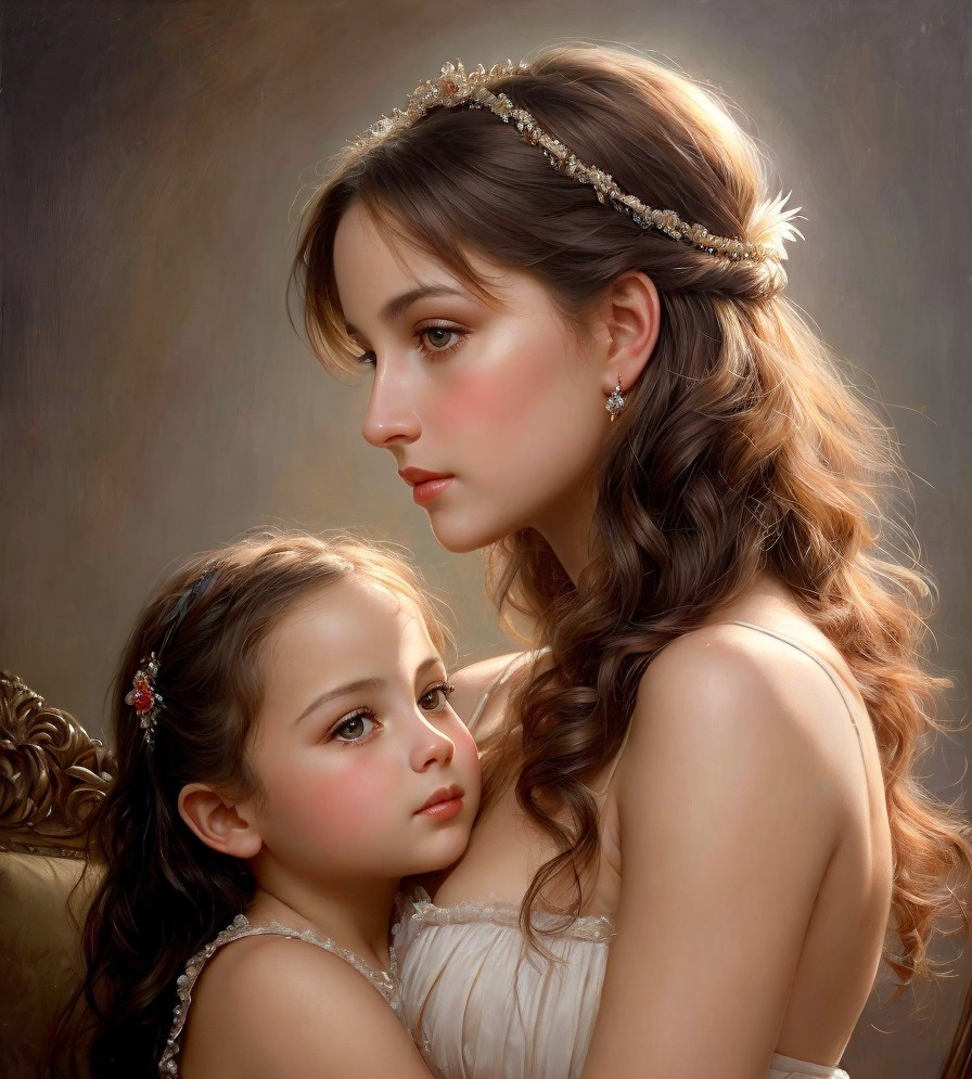 Digital painting of woman and girl with gentle gaze in elegant attire
