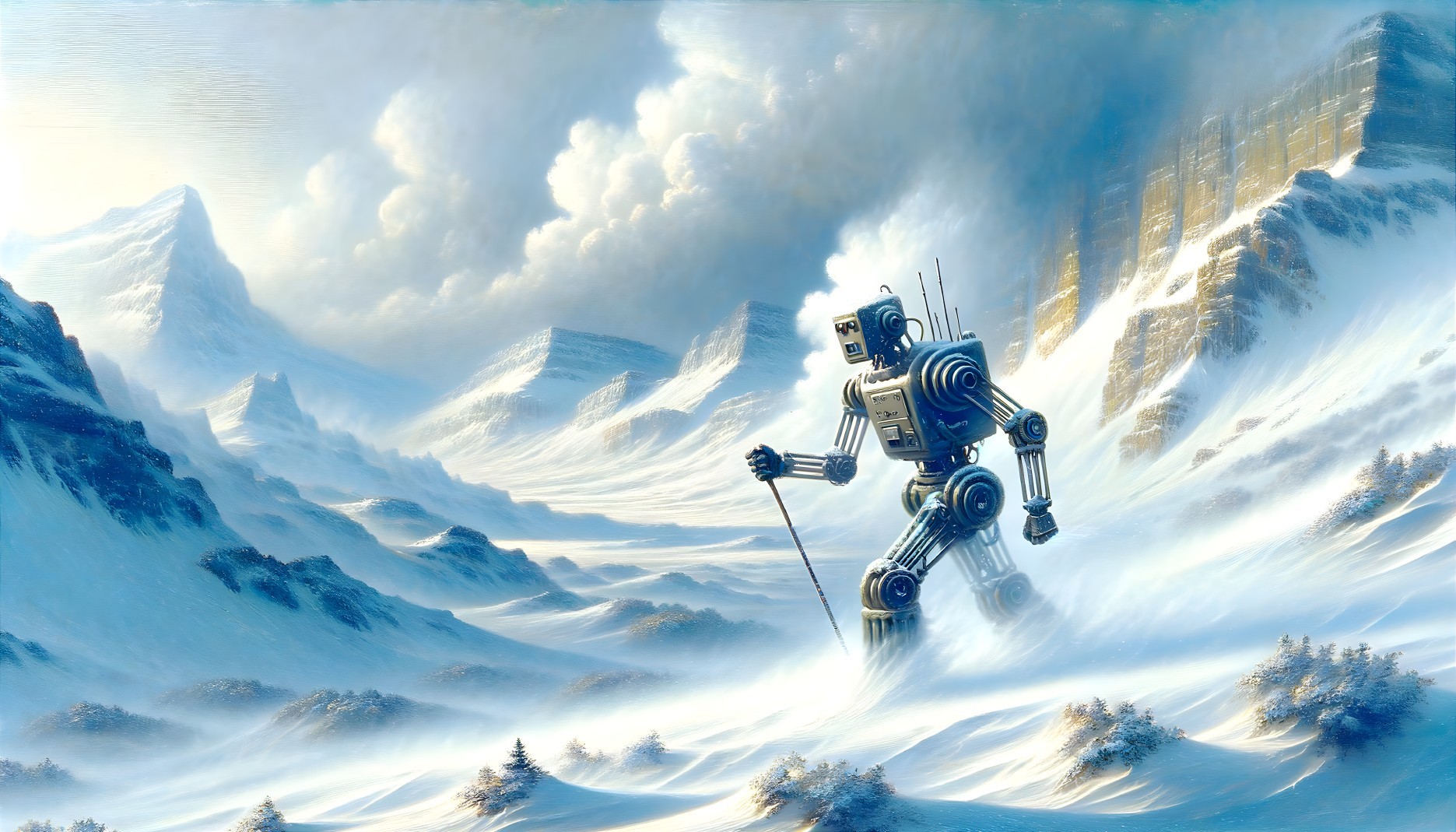 Futuristic Robot in Snowy Mountain Landscape