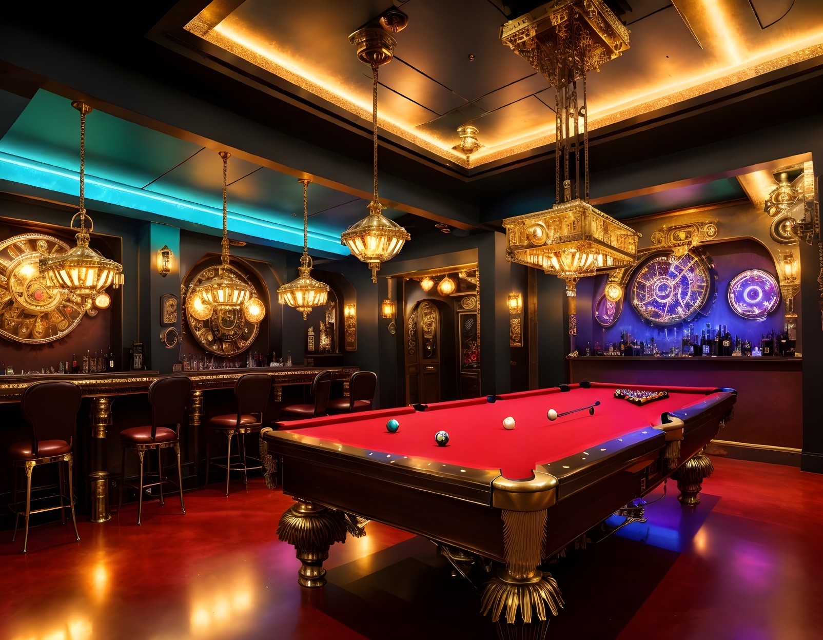 Luxurious Pool Hall with Red Billiard Table and Ornate Chandeliers