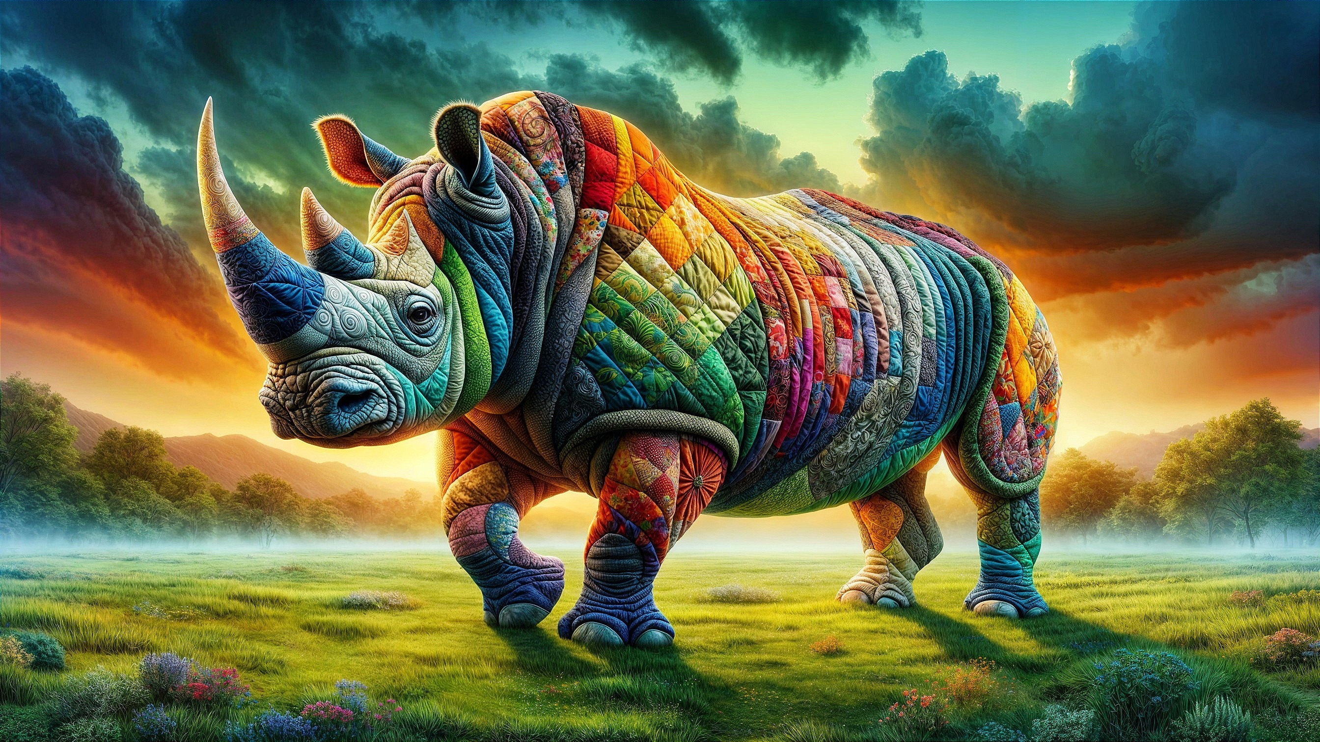 Quilt-Patterned Rhinoceros in a Sunlit Landscape