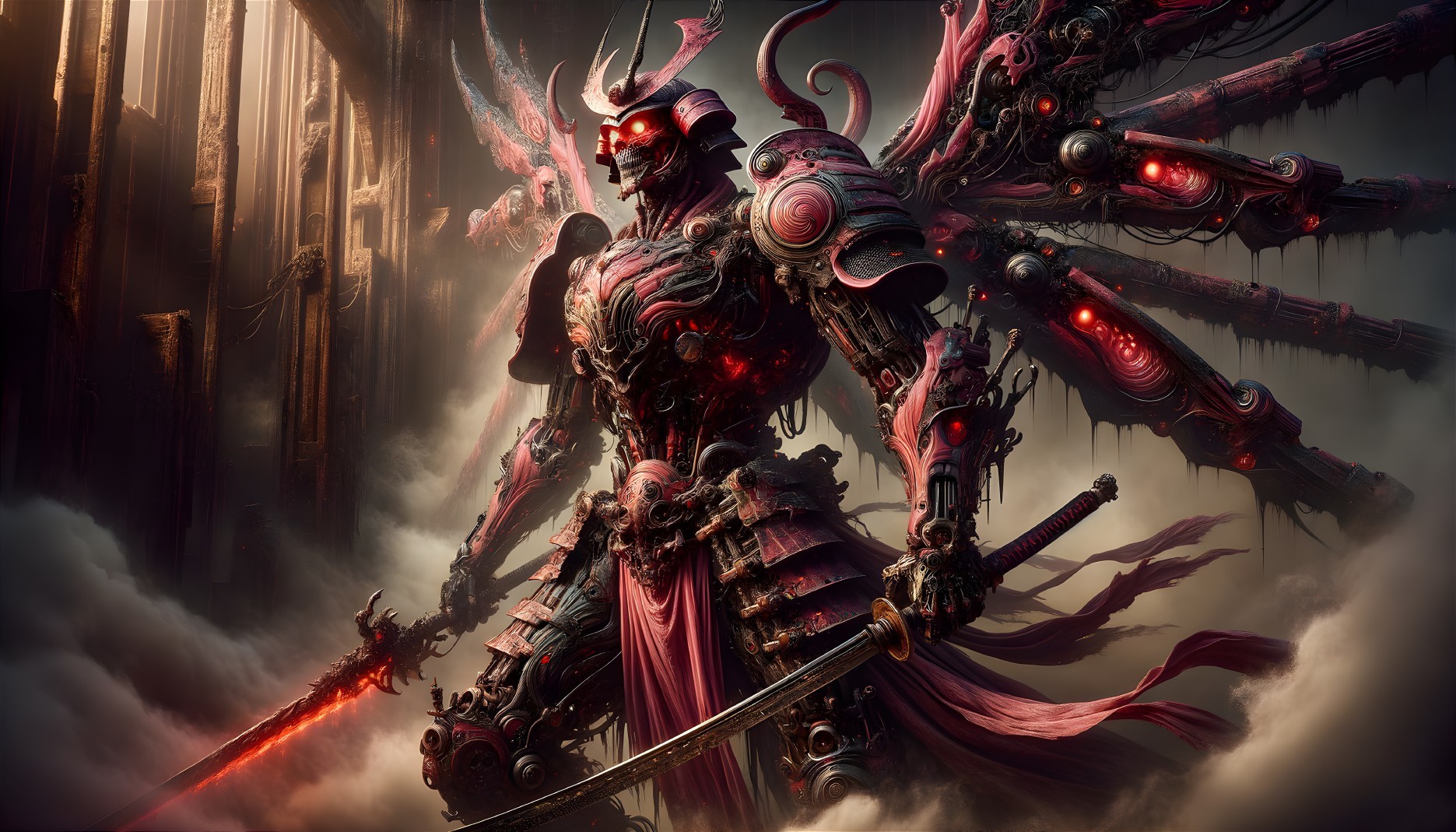 Futuristic Samurai Warrior in Metallic Armor and Fog