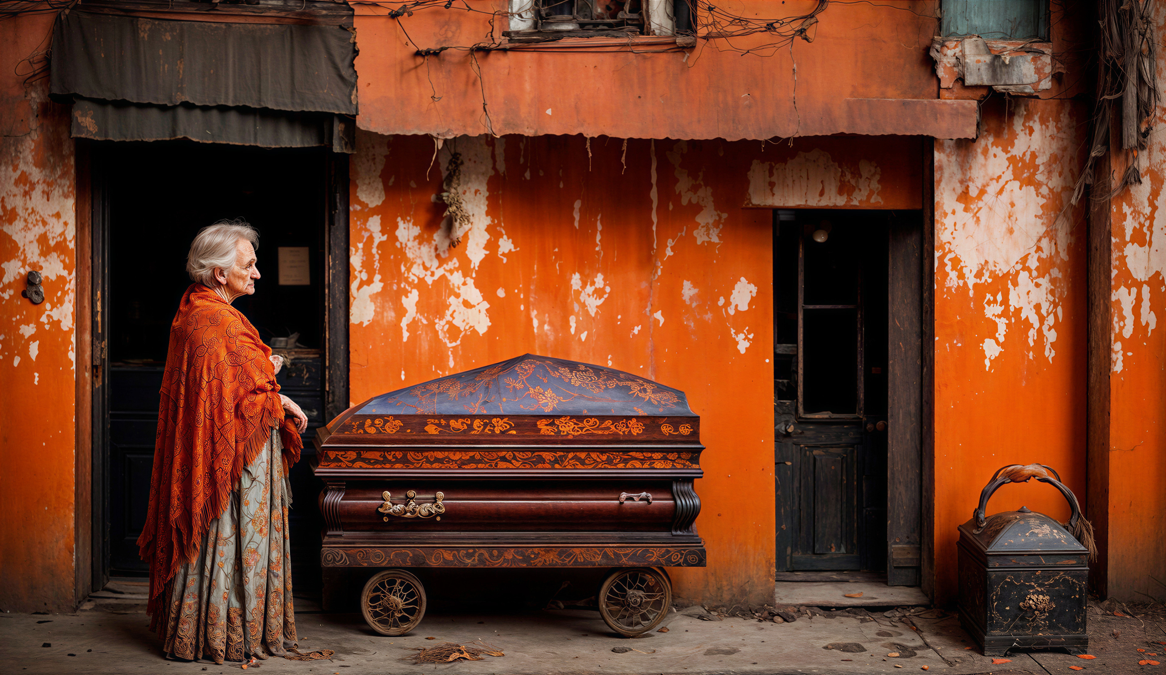 Elderly Woman Beside Ornate Coffin on Weathered Street