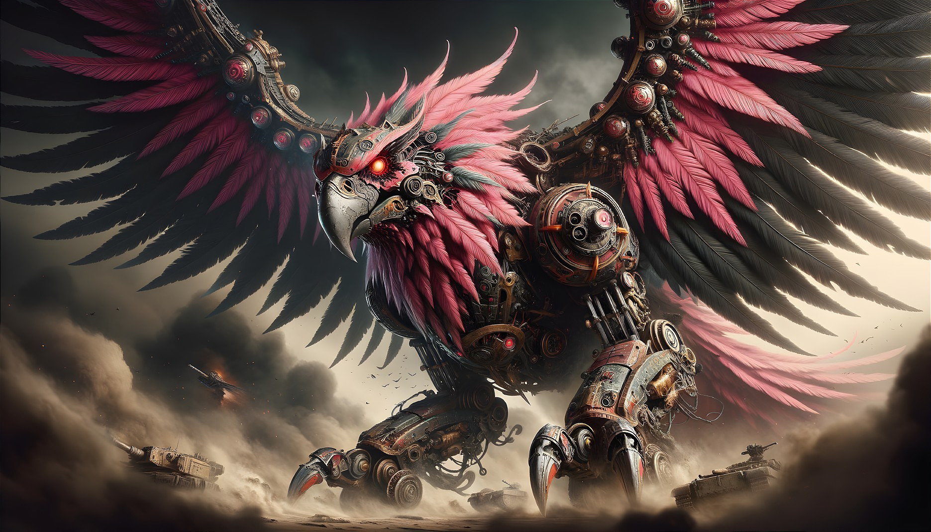 Colossal Robotic Eagle in Dramatic Battlefield Scene