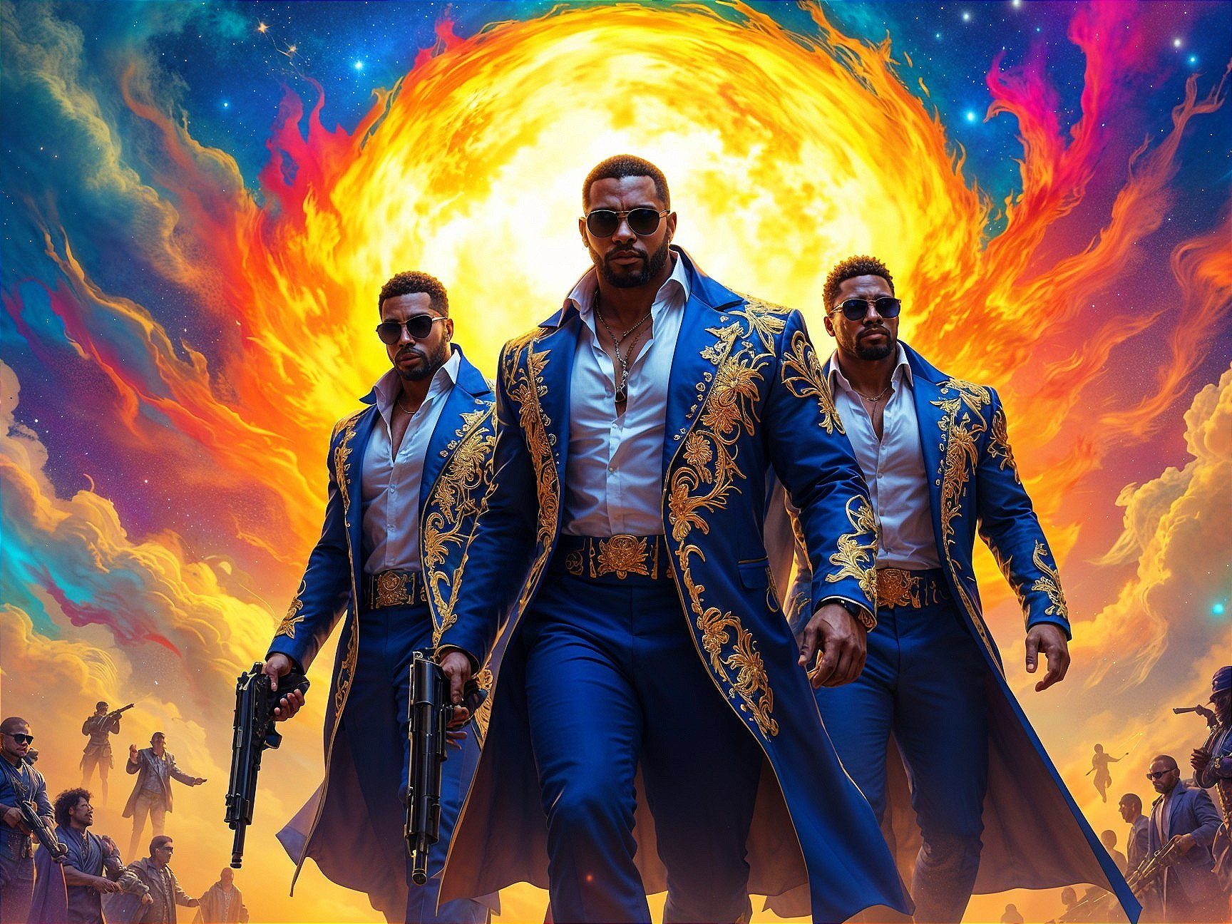 Confident Figures in Blue and Gold Coats with Guns