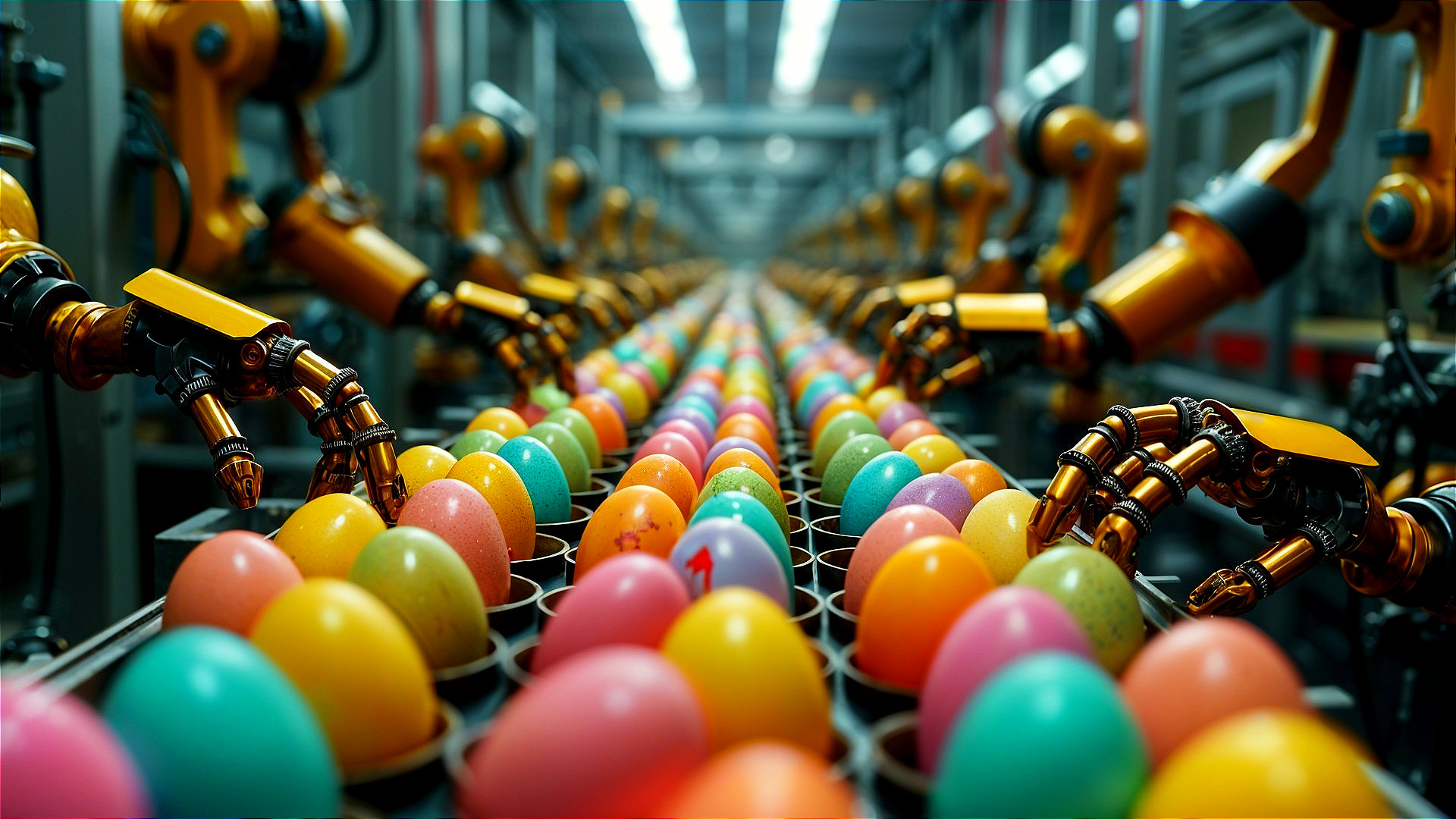 High-Tech Production Line with Colorful Eggs