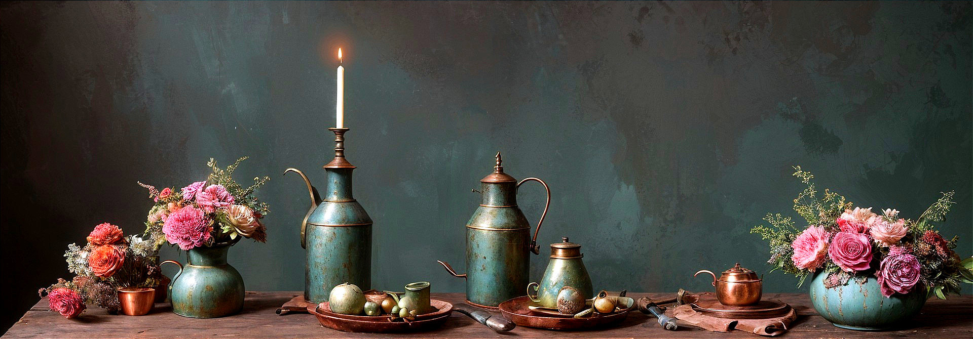 Vintage Copper and Turquoise Still Life Arrangement
