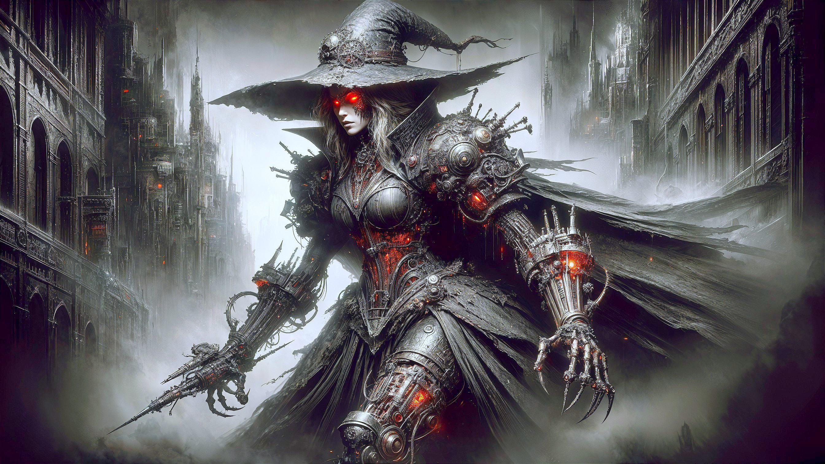 Witch in Steampunk Armor in Foggy Industrial Scene