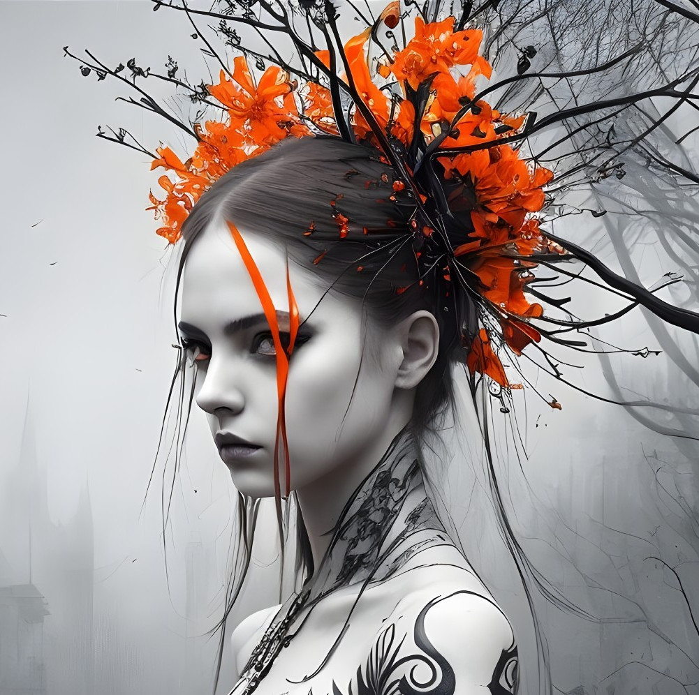 Portrait of a Woman with Flowers and Tattoos