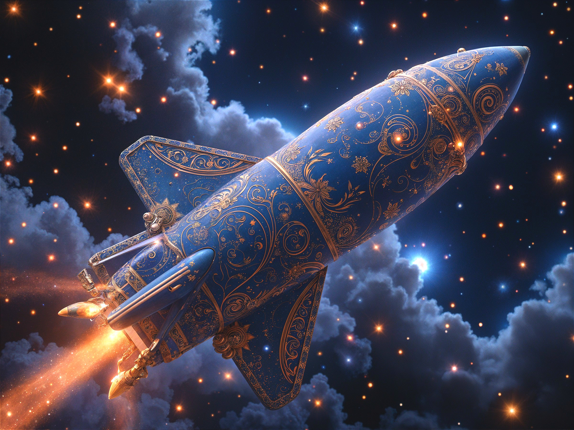 Ornate rocket launching into a starry night sky