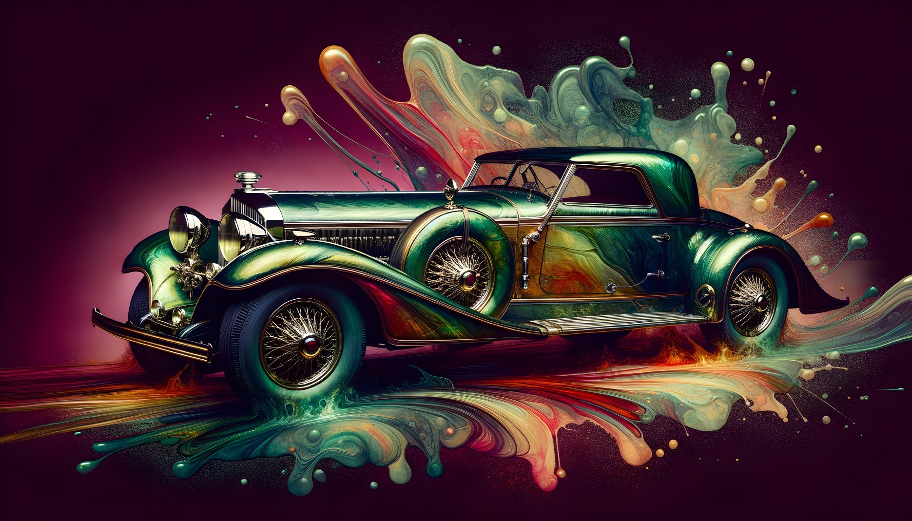 Vintage Green Car Surrounded by Vibrant Paint Splashes
