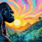 Tropical Sunset with Gorilla Silhouette and Mountains