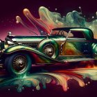 Vintage Green Car with Ornate Detailing Against Colorful Smoke-Like Clouds and Rainbow Spectrum Ground
