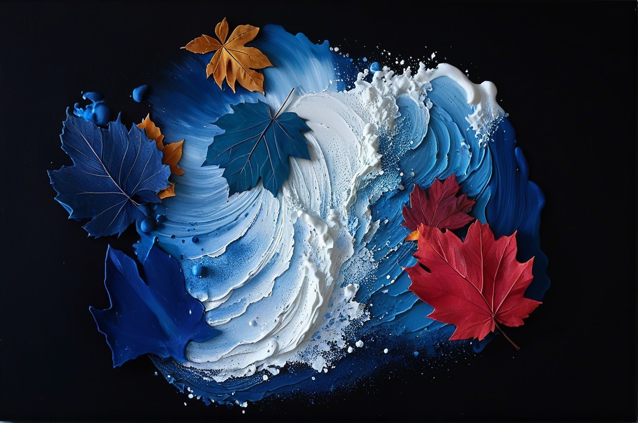 Vibrant Abstract Artwork with Waves and Autumn Leaves