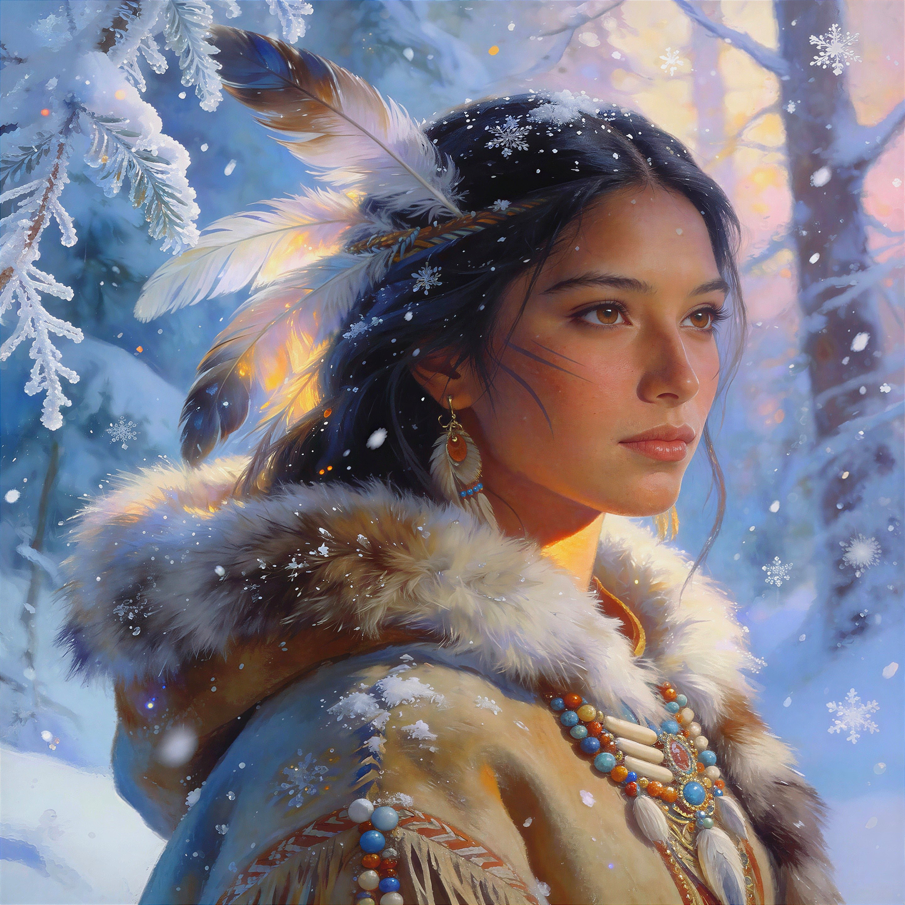 Thoughtful Woman in Winter Coat Amid Snowy Forest