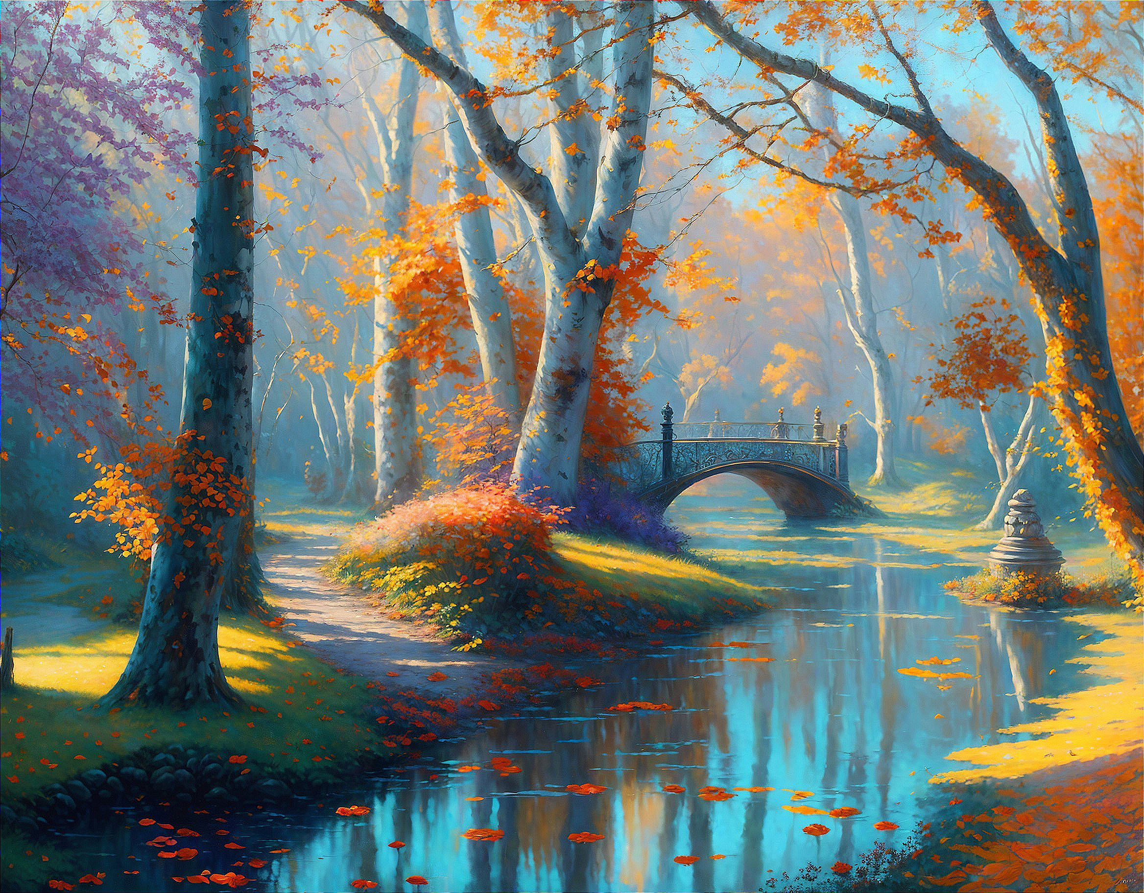 Tranquil Autumn Landscape with River and Stone Bridge