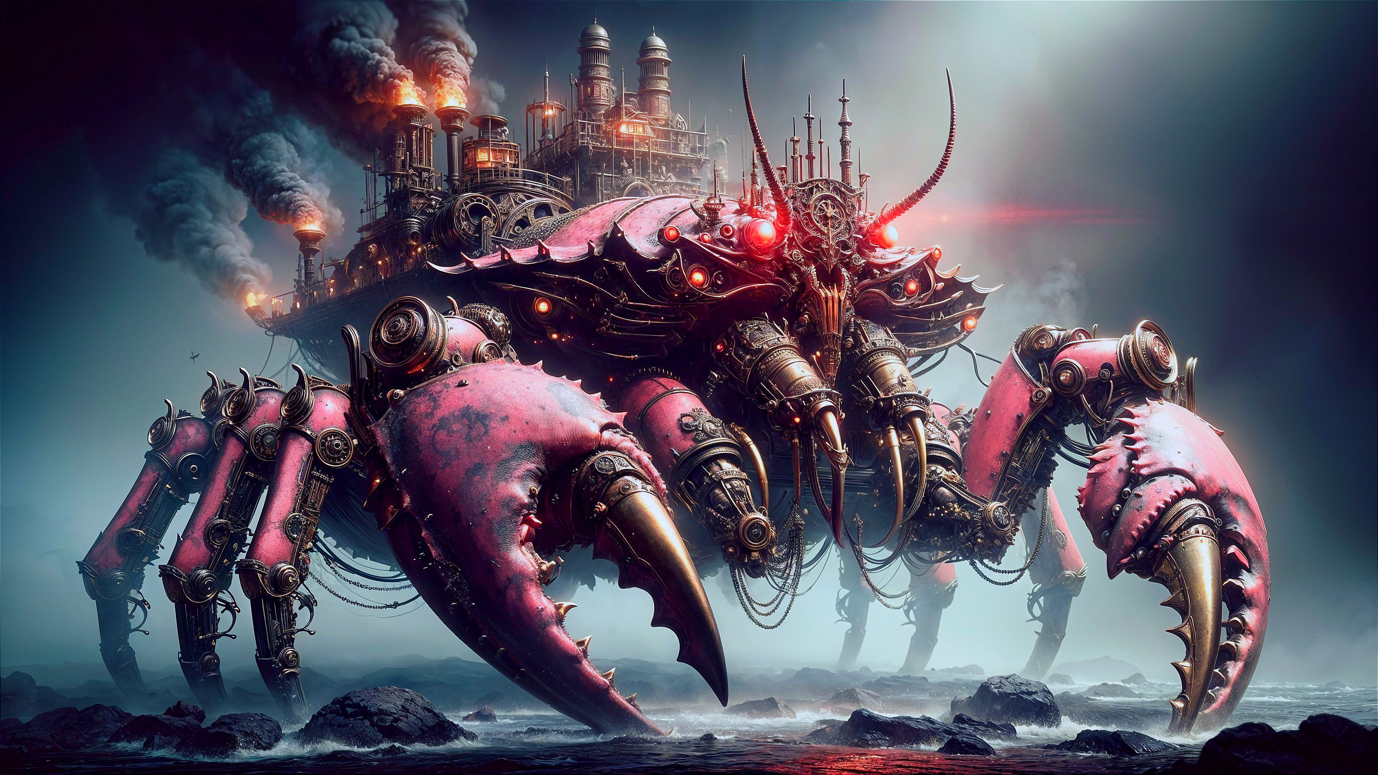 Mechanical Crab in Misty Steampunk Landscape