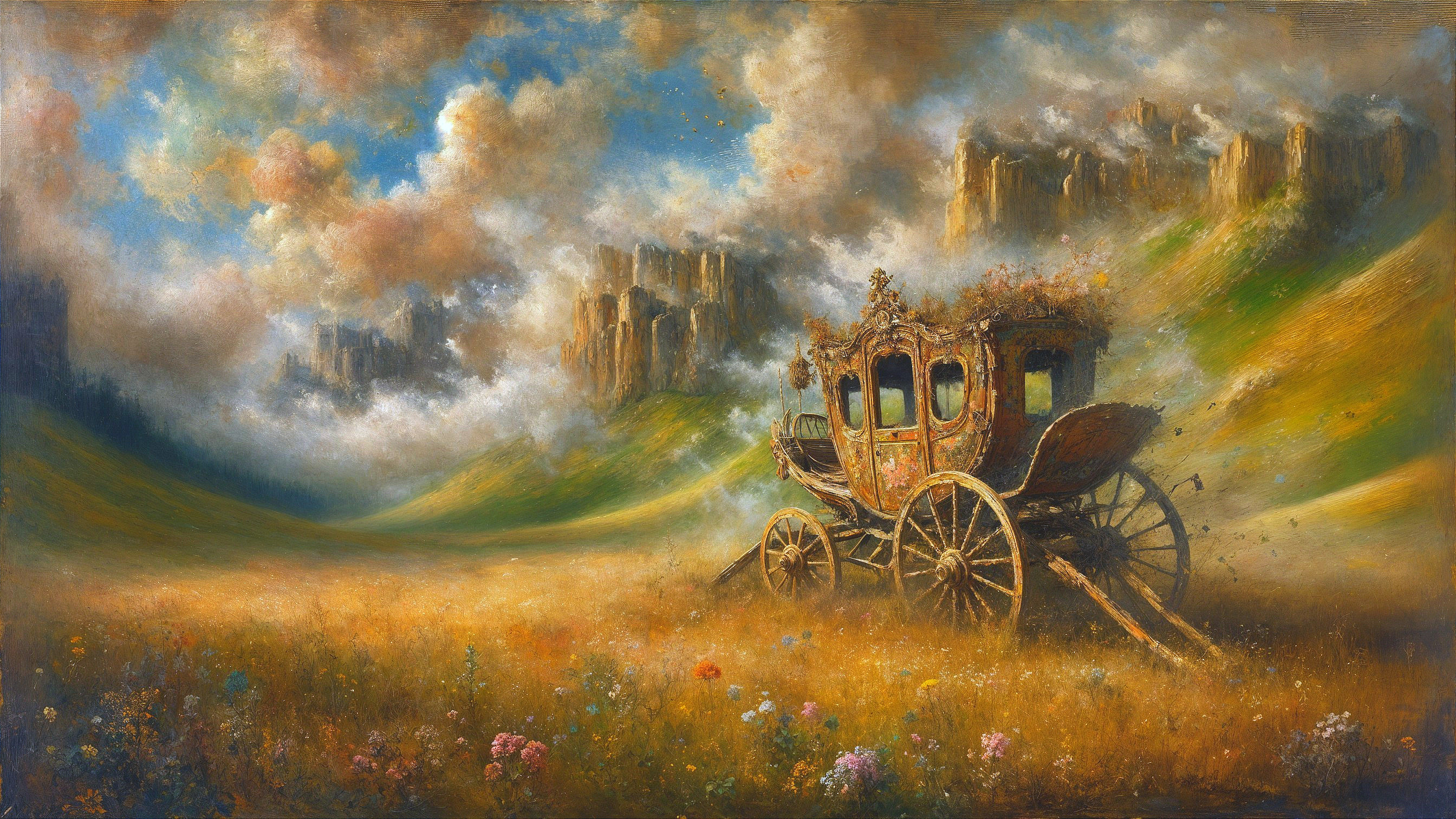 Vintage Carriage in Colorful Meadow Landscape