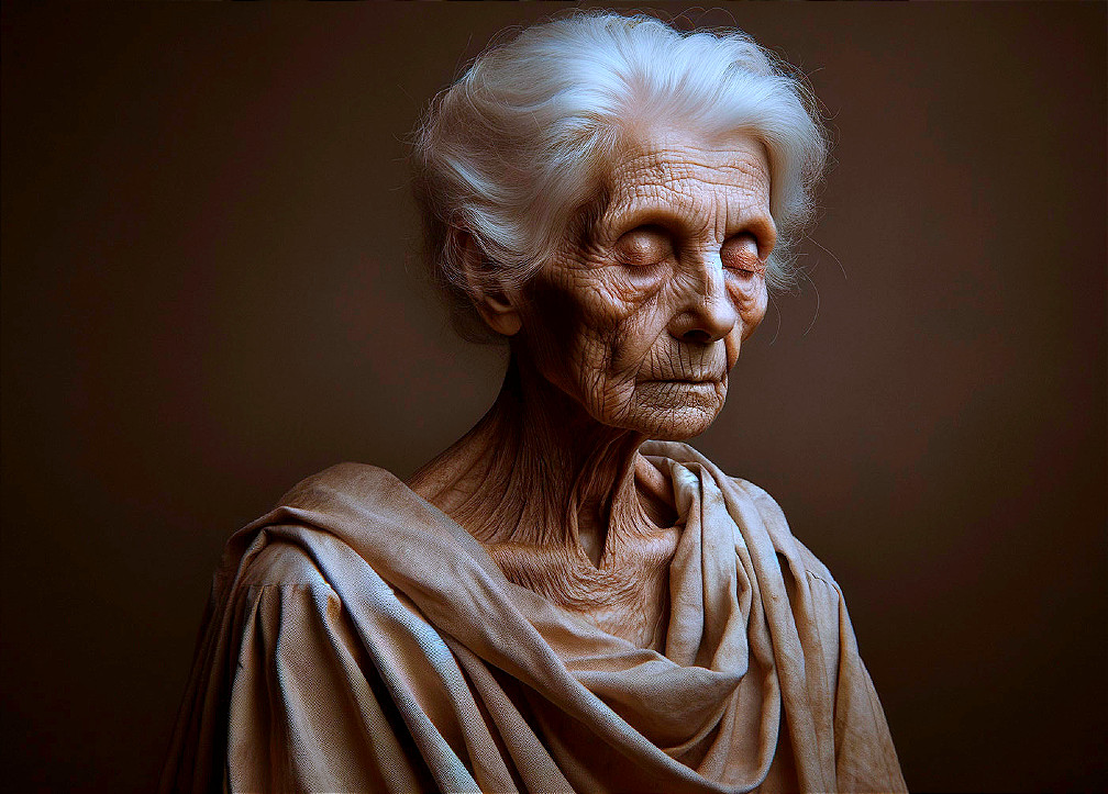 Elderly Woman with Serene Expression and Textured Garment