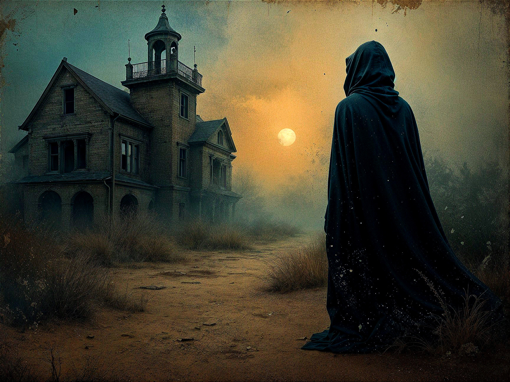 Mysterious Figure in Cloak by Abandoned House at Night
