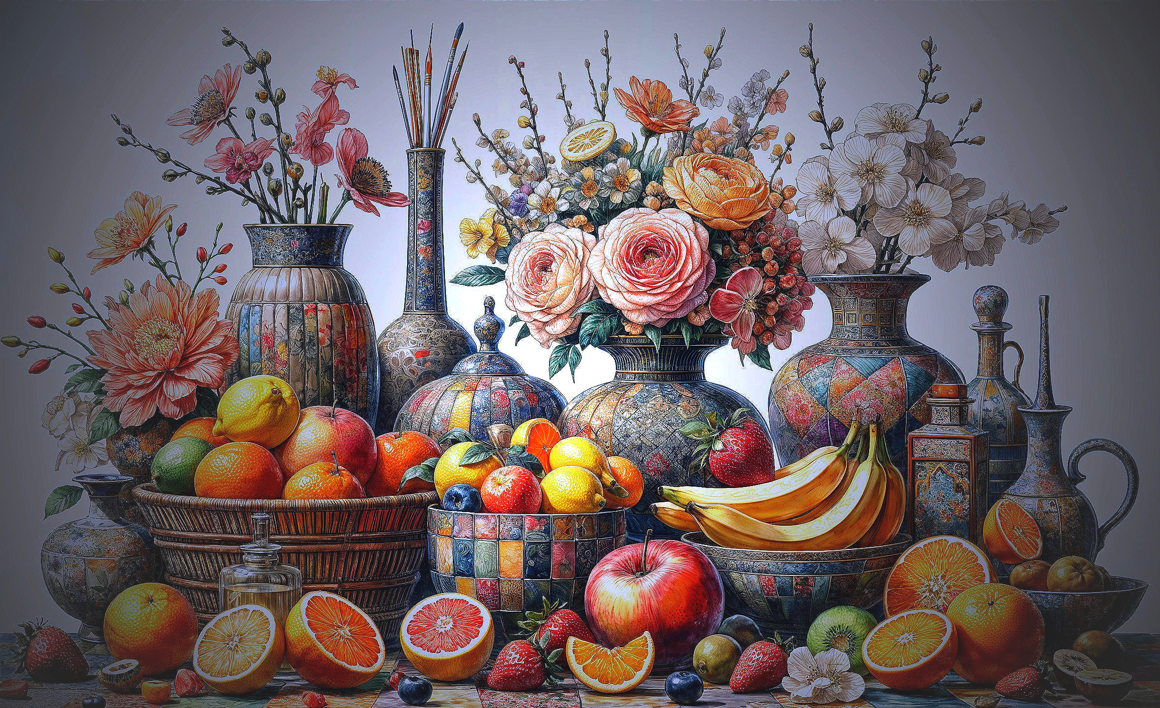 Vibrant Still Life of Colorful Fruits and Flowers