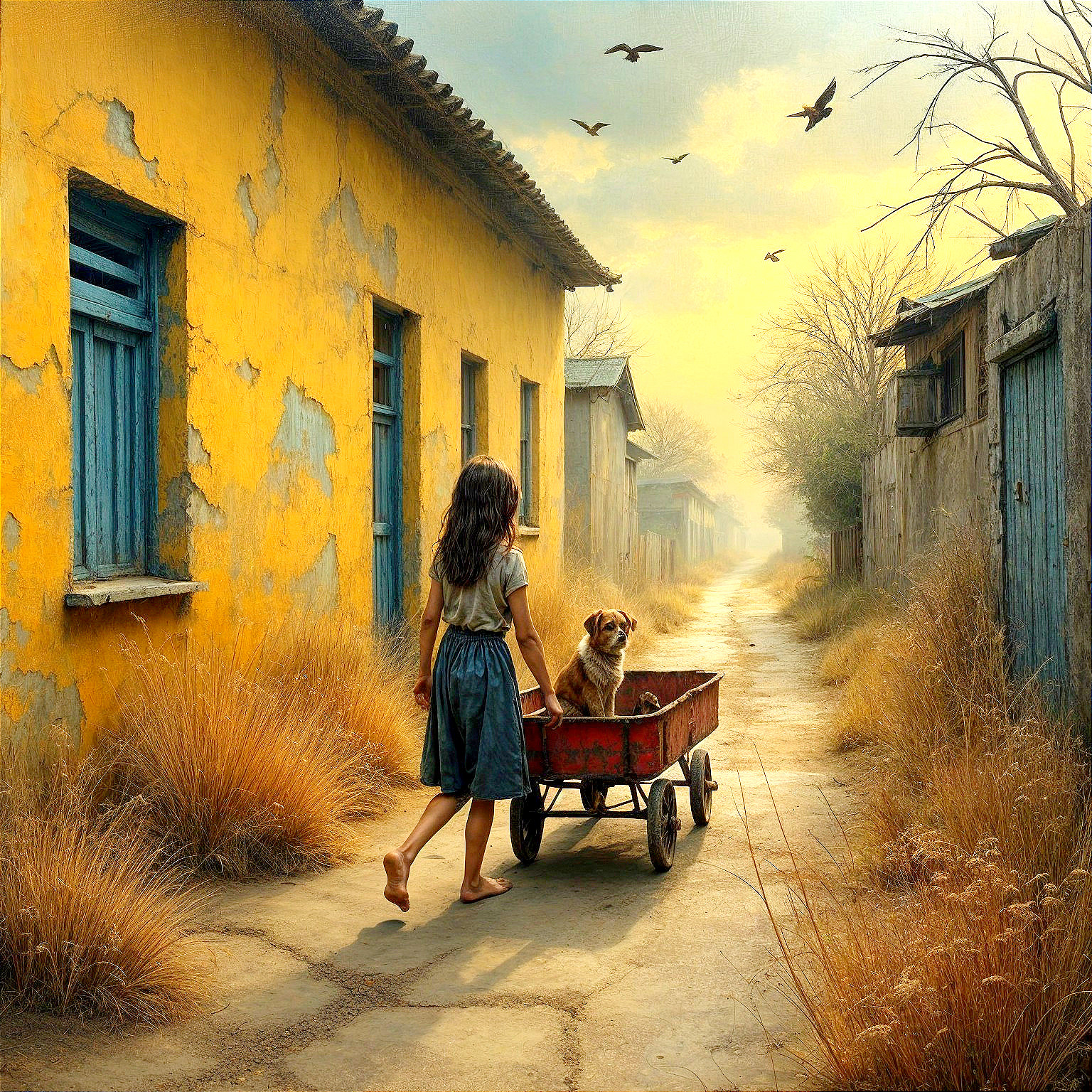Young girl with dog on cart in rural village path
